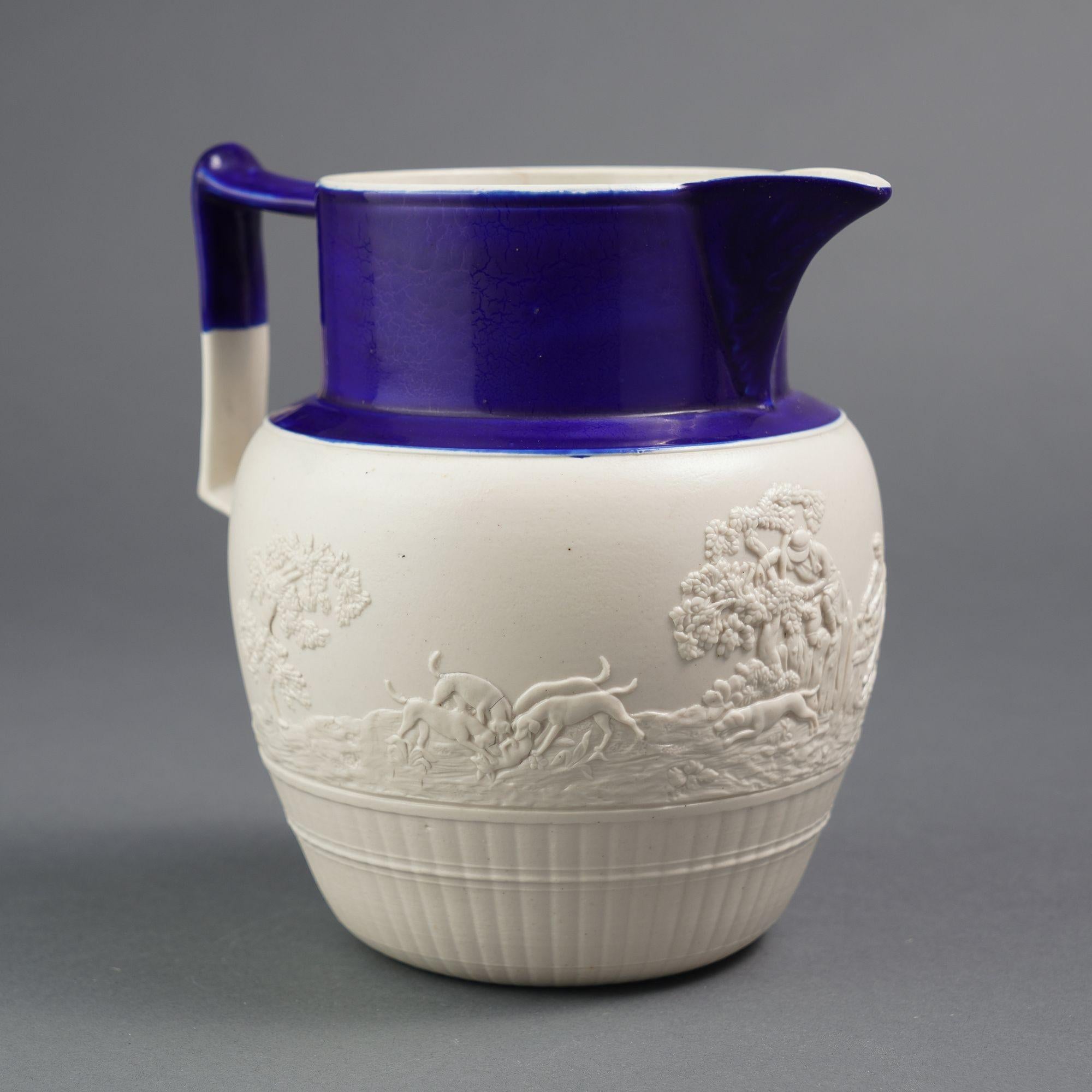 Stoneware English stoneware hunt jug with cobalt detail, c. 1800 For Sale