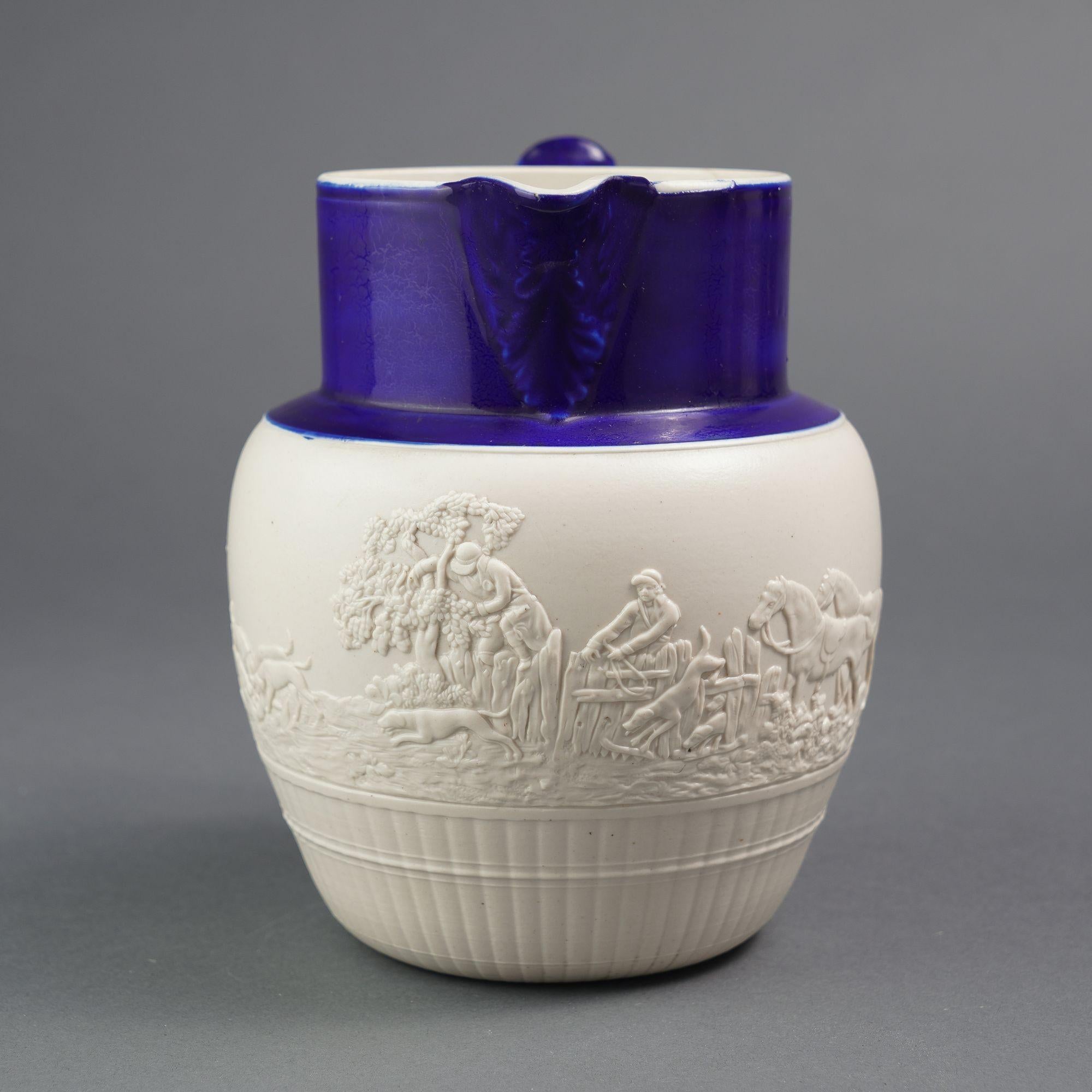 English stoneware hunt jug with cobalt detail, c. 1800 For Sale 1