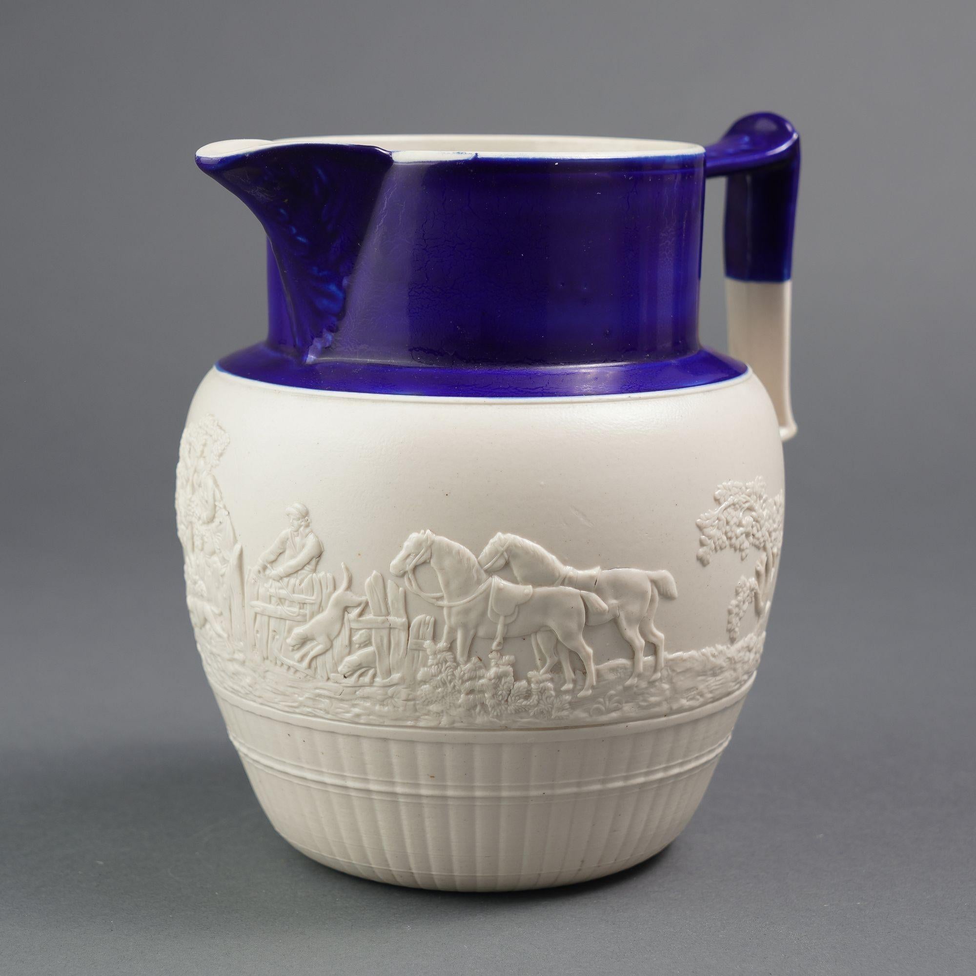 English stoneware hunt jug with cobalt detail, c. 1800 For Sale 2