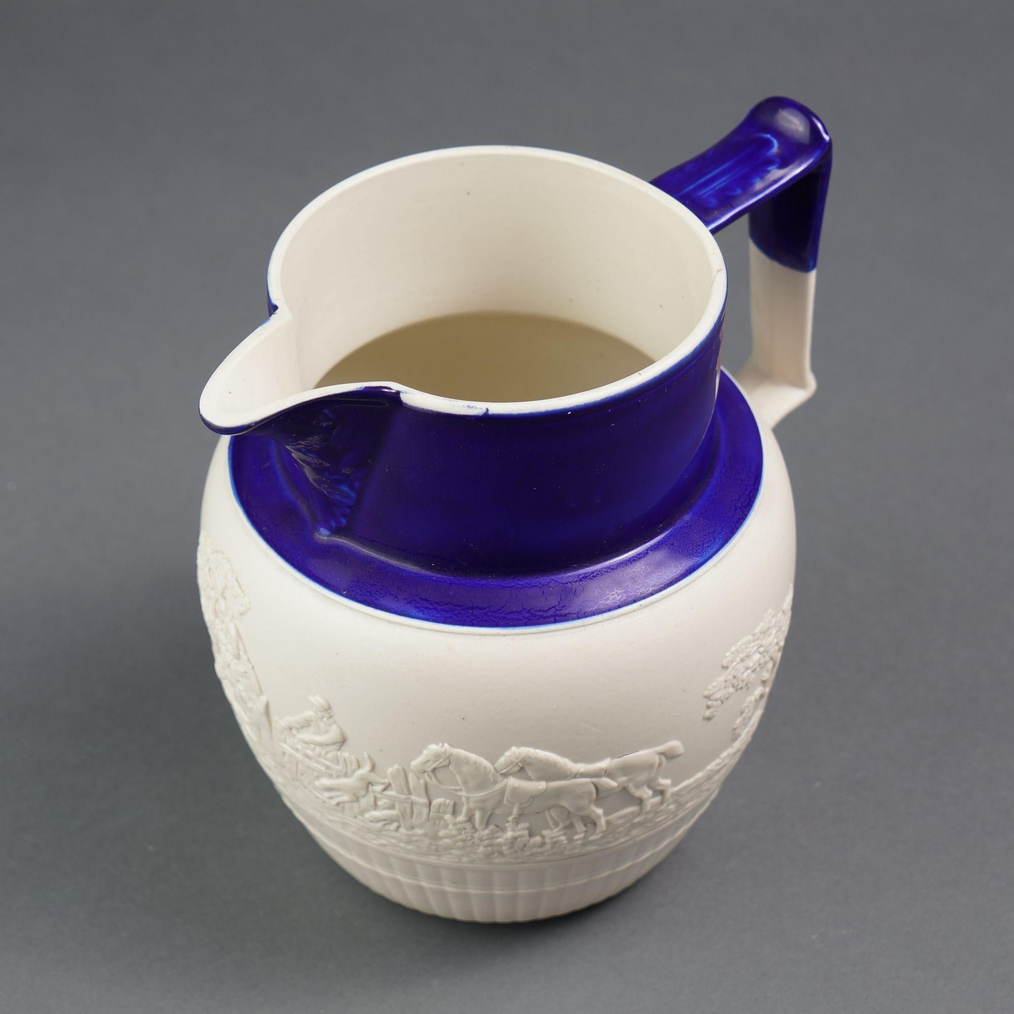 English stoneware hunt jug with cobalt detail, c. 1800 For Sale 3