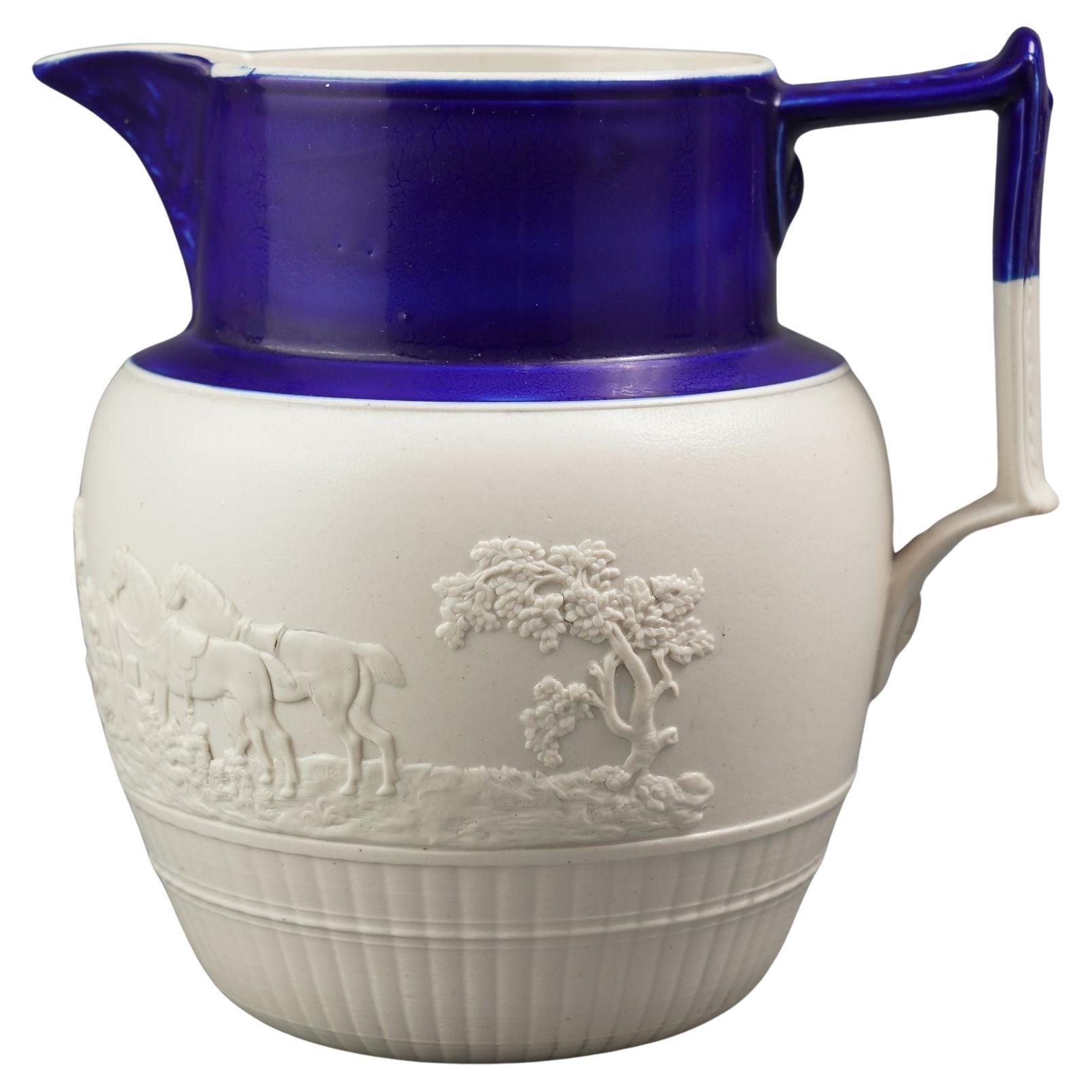 English stoneware hunt jug with cobalt detail, c. 1800 For Sale