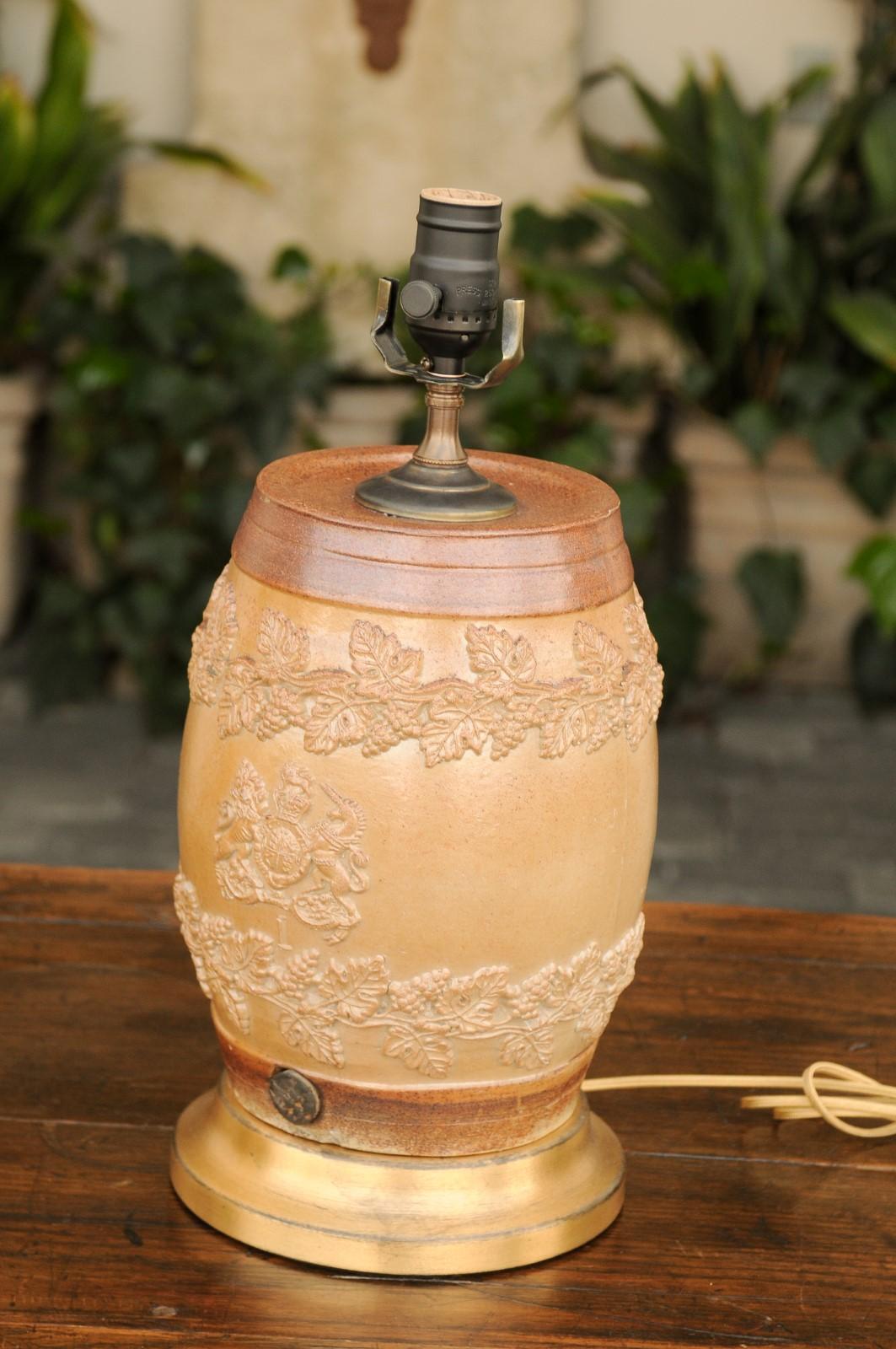 English Stoneware Spirit Barrel Mounted as a Wired Lamp on Giltwood Base, 1870s 7