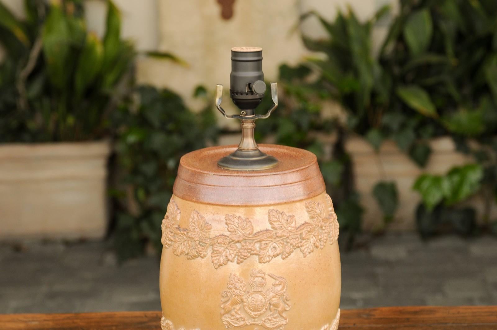 19th Century English Stoneware Spirit Barrel Mounted as a Wired Lamp on Giltwood Base, 1870s
