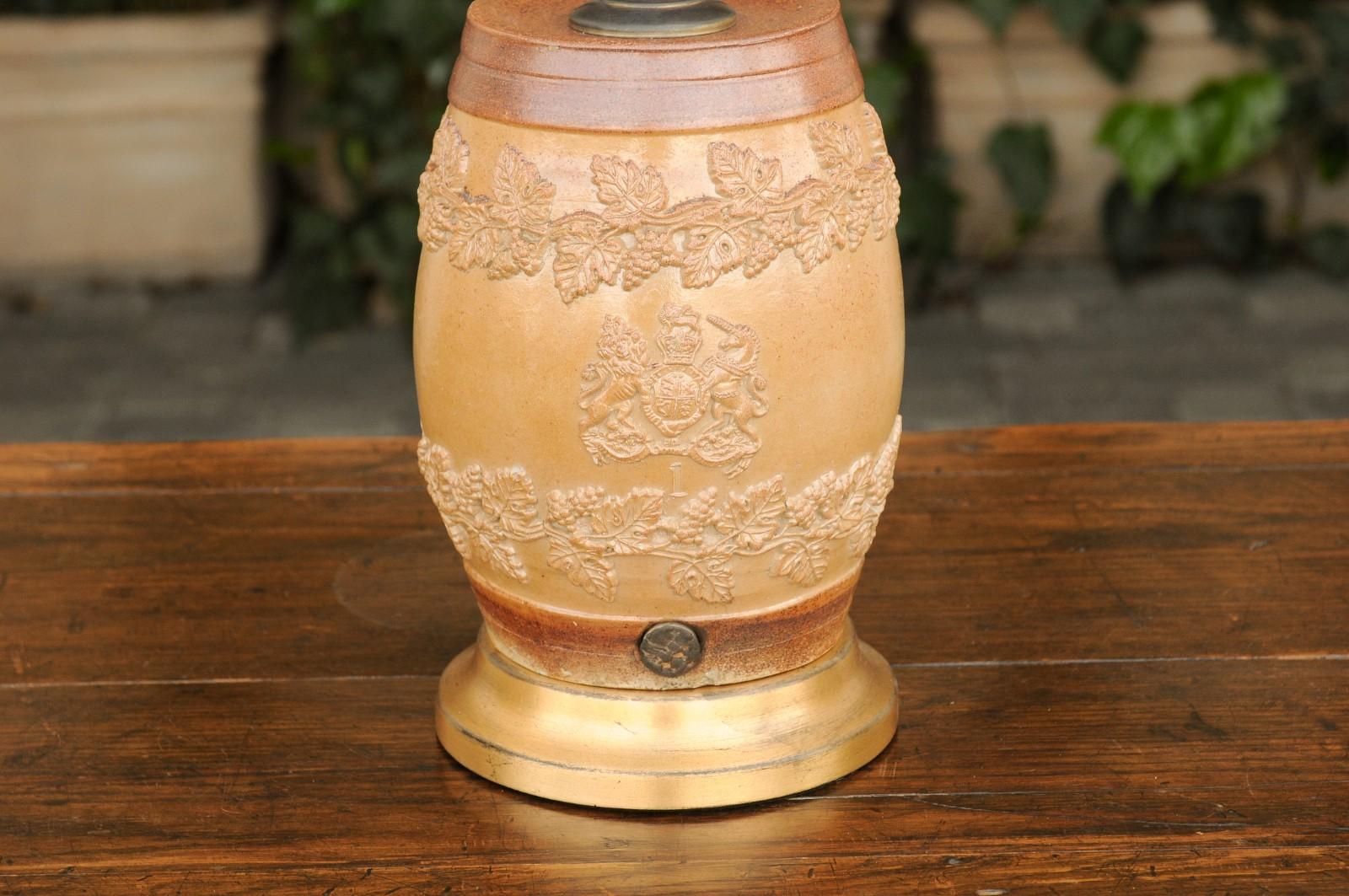 English Stoneware Spirit Barrel Mounted as a Wired Lamp on Giltwood Base, 1870s 1
