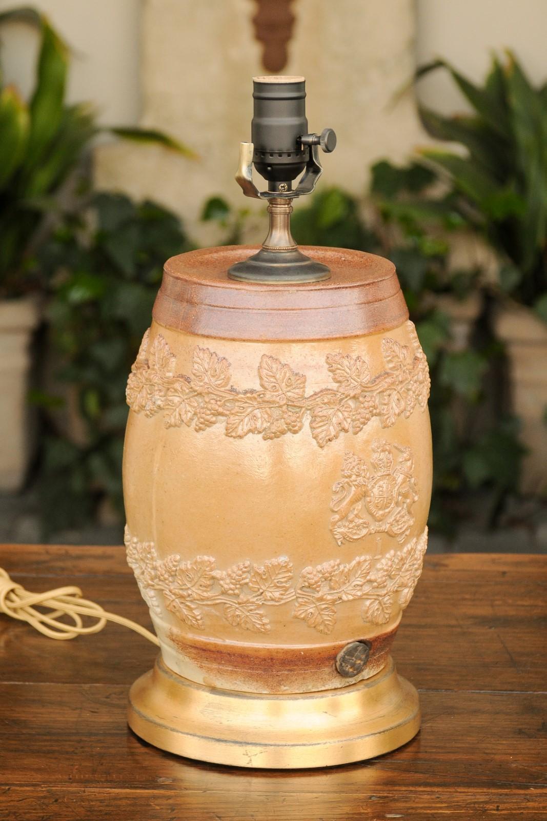 English Stoneware Spirit Barrel Mounted as a Wired Lamp on Giltwood Base, 1870s 3