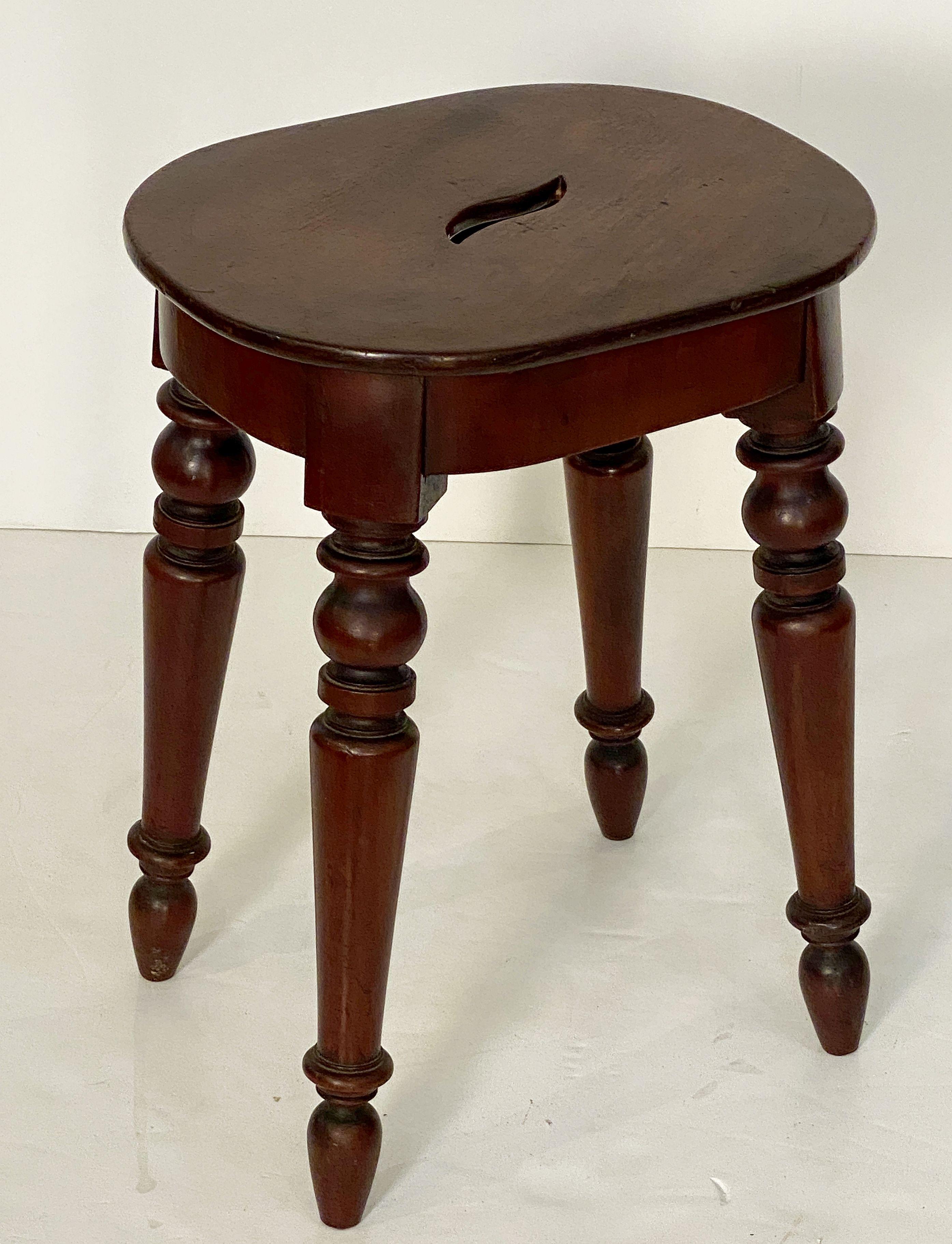 A fine English seating stool or bench of well patinated mahogany from the William IV period, featuring an oval top with an ‘s’ shape handhold, set upon four turned legs.