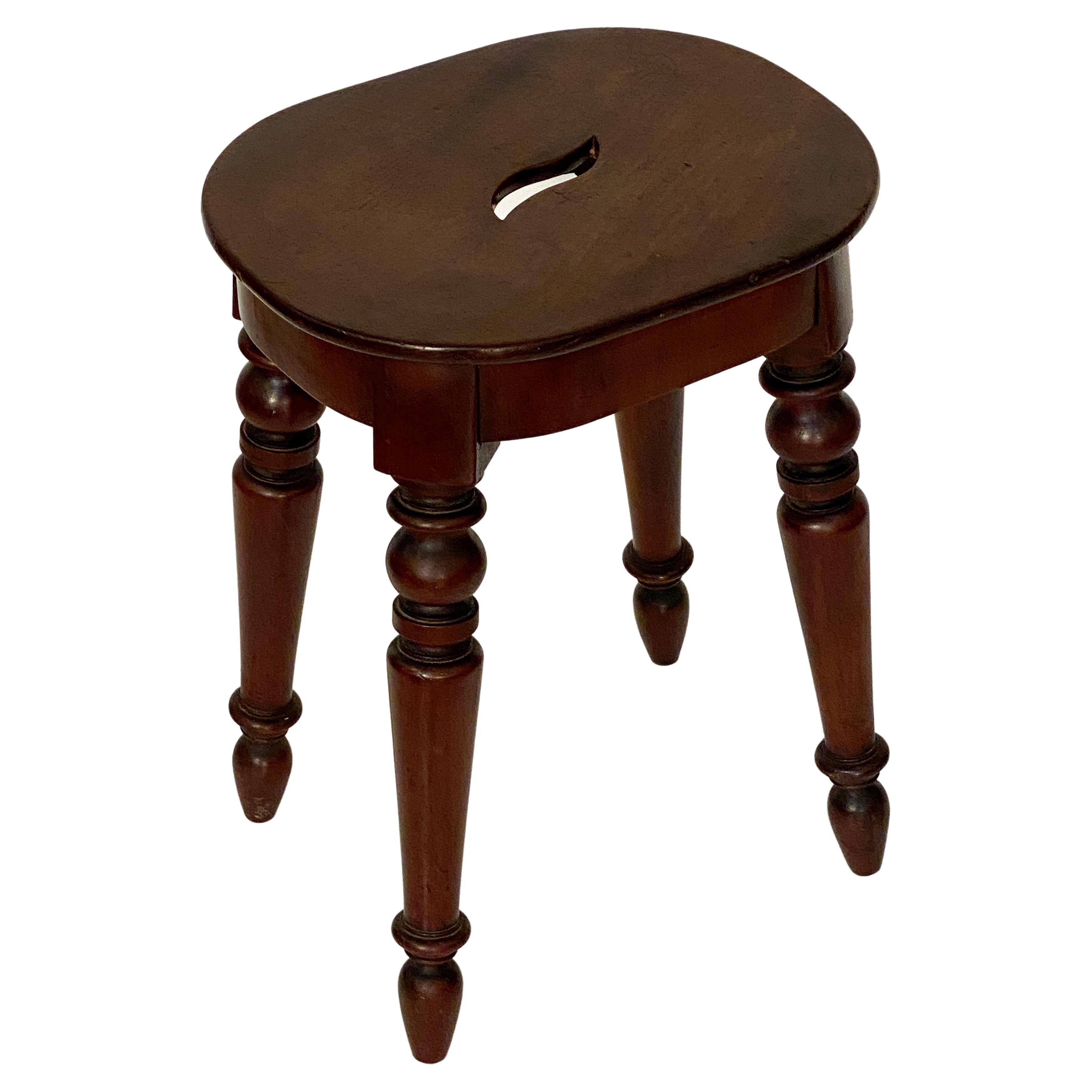 English Stool of Mahogany with Oval Seat and Turned Legs For Sale