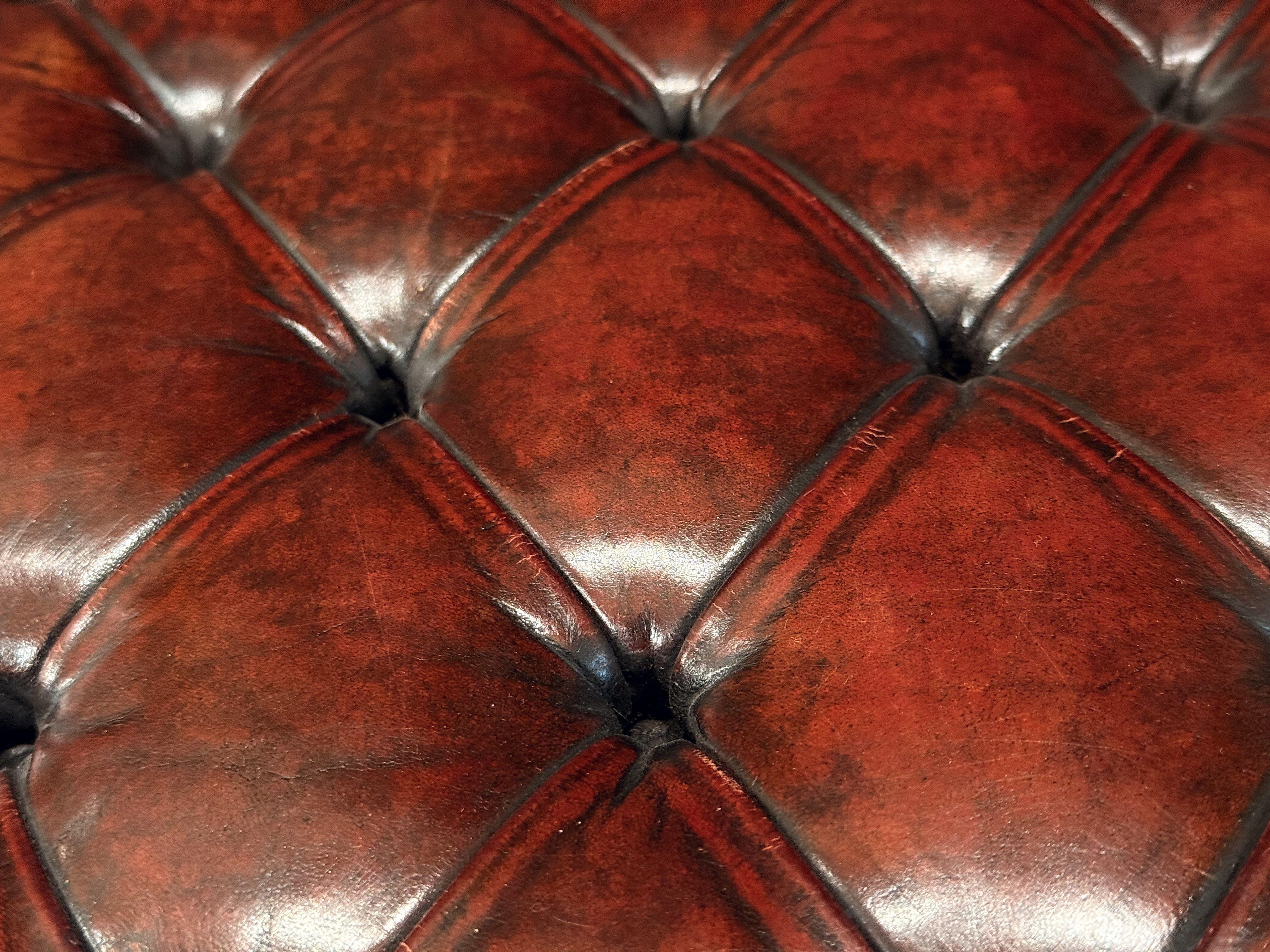Wood English Stool or Low Seat of Button Tufted Leather on Mahogany Frame For Sale