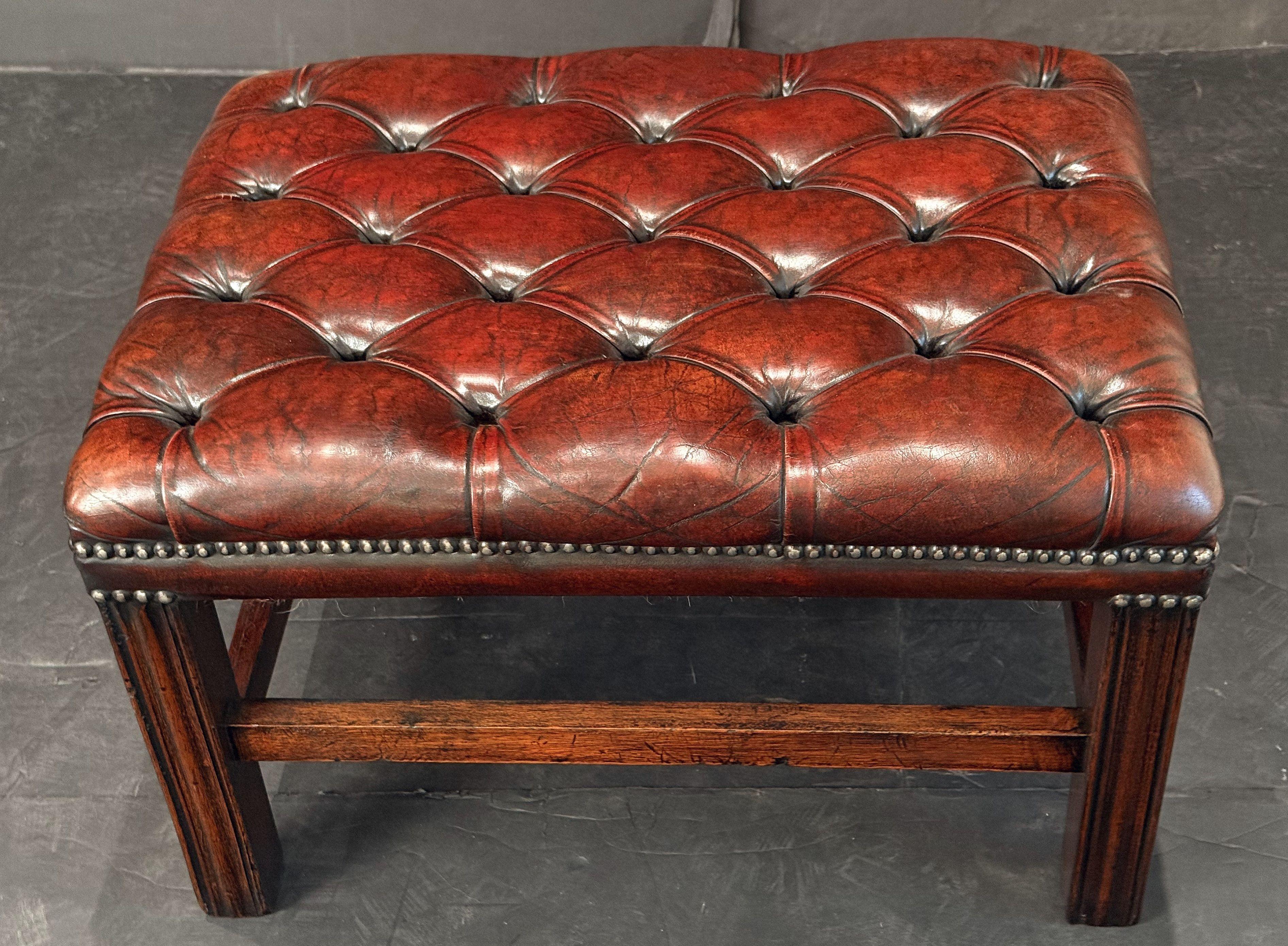 English Stool or Low Seat of Button Tufted Leather on Mahogany Frame For Sale 1