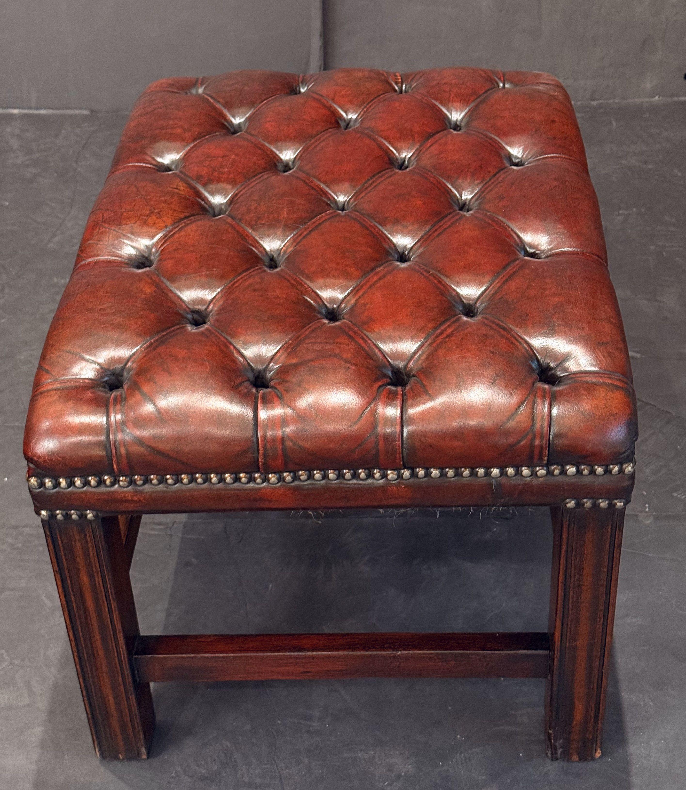English Stool or Low Seat of Button Tufted Leather on Mahogany Frame For Sale 2