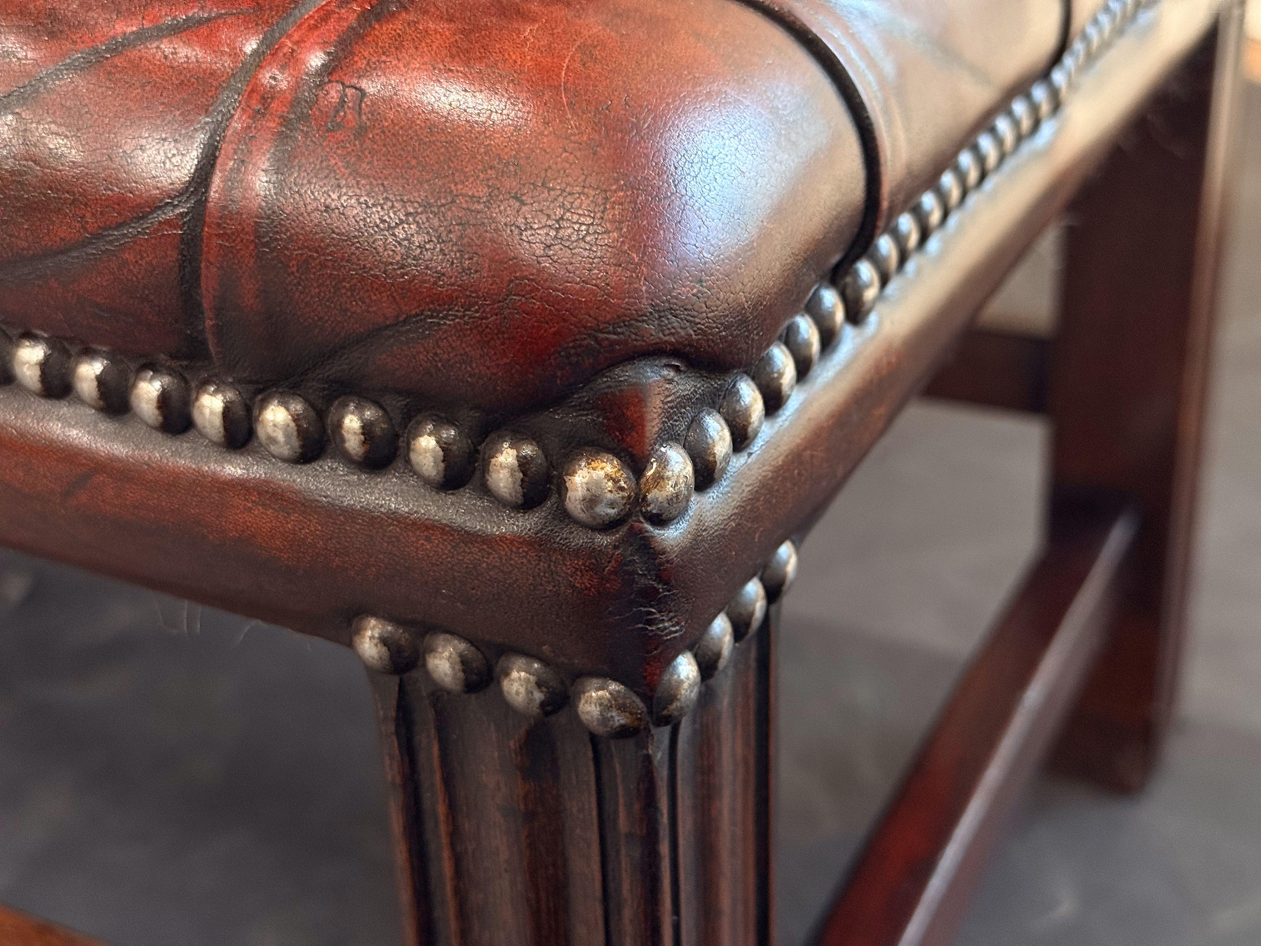 English Stool or Low Seat of Button Tufted Leather on Mahogany Frame For Sale 3