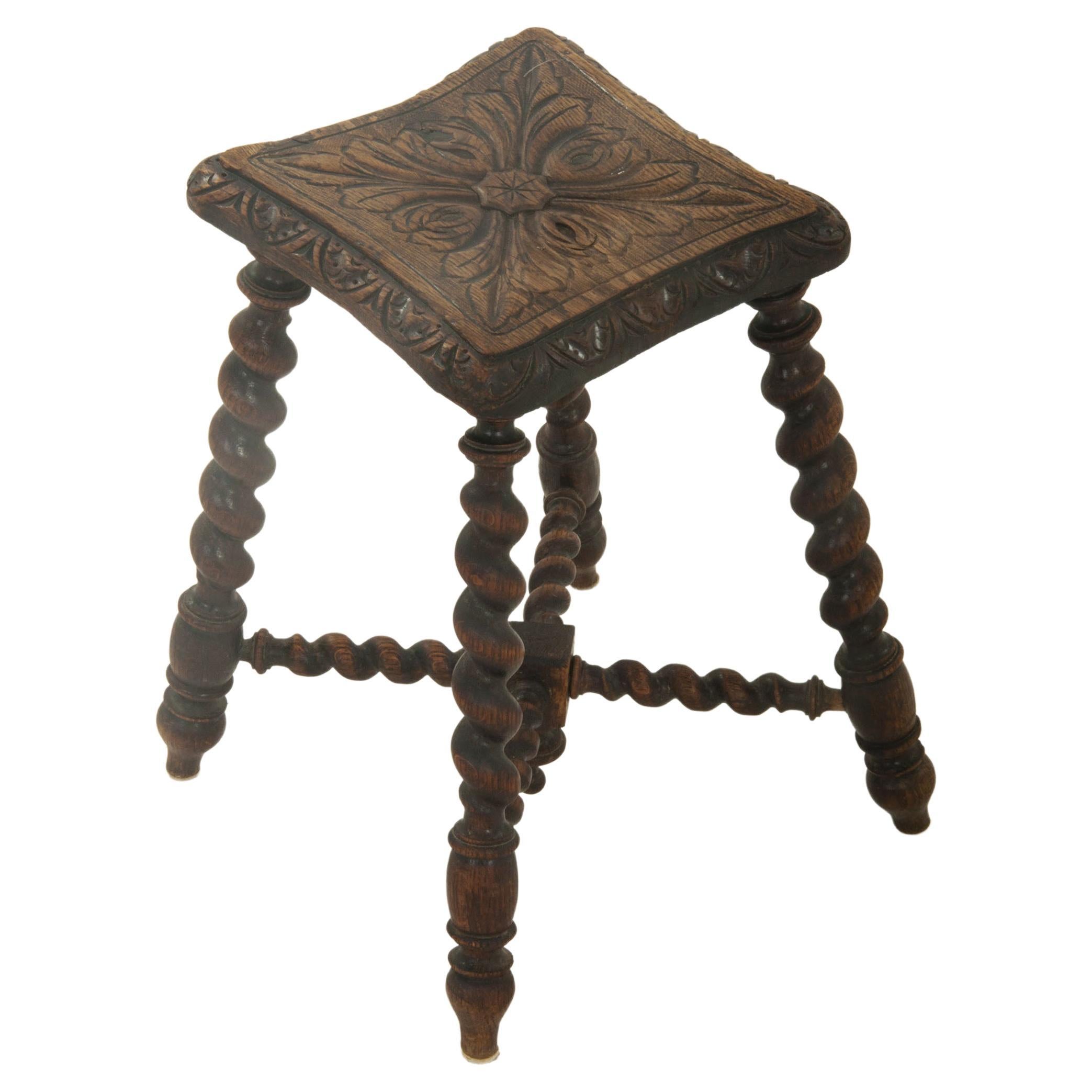 English Stool, Twisted Legs, 19th Century, Brown Color