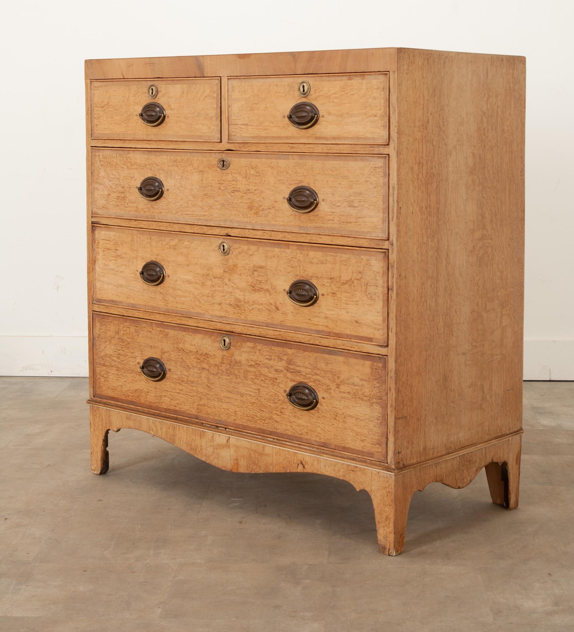 A functional little chest of drawers that has a real elegance and a good quality of construction. Made in England circa 1840, it features five roomy drawers that provide ample storage space. The original brass drawer pulls and escutcheon plates
