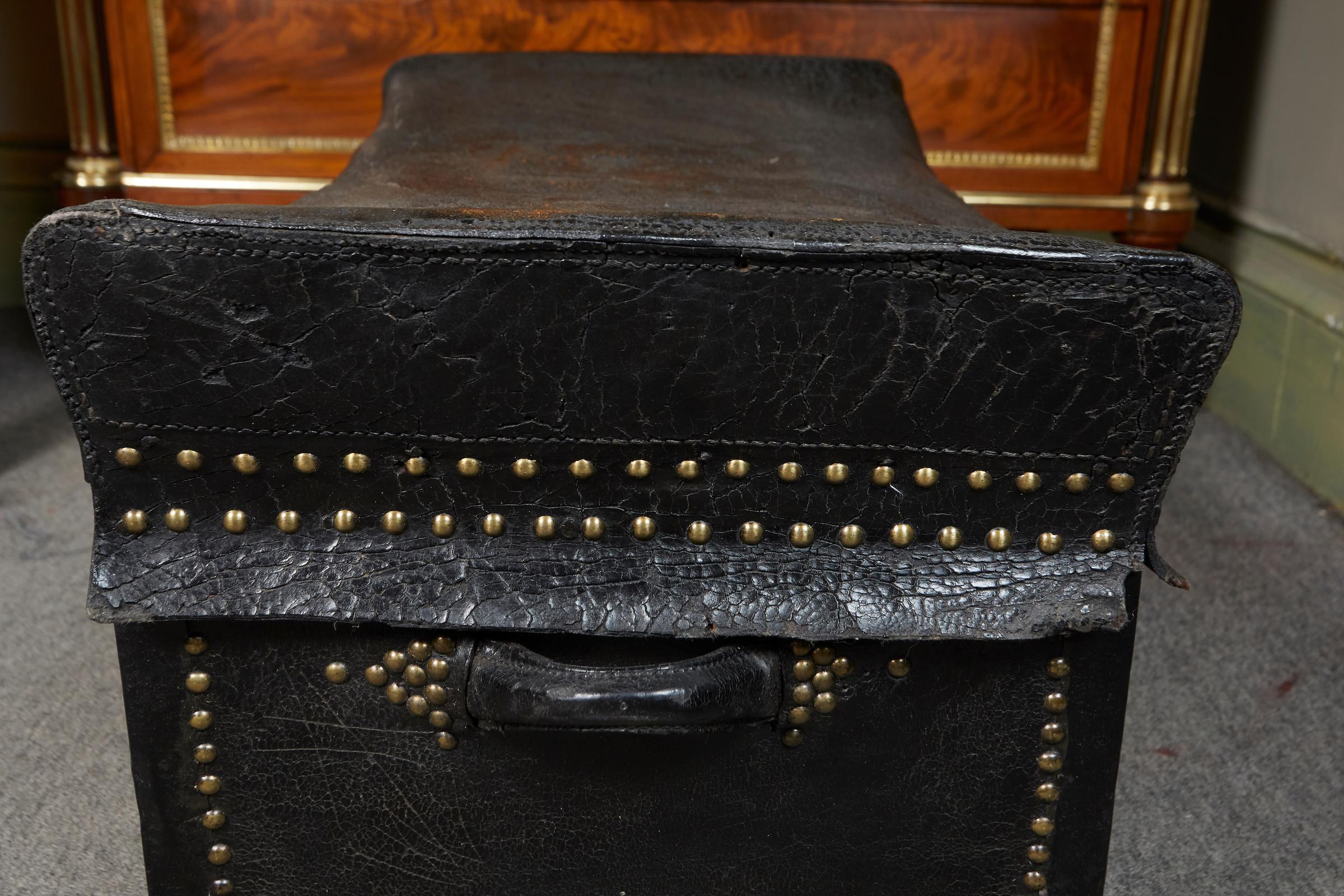 English Studded Black Leather Coach Trunk For Sale 3