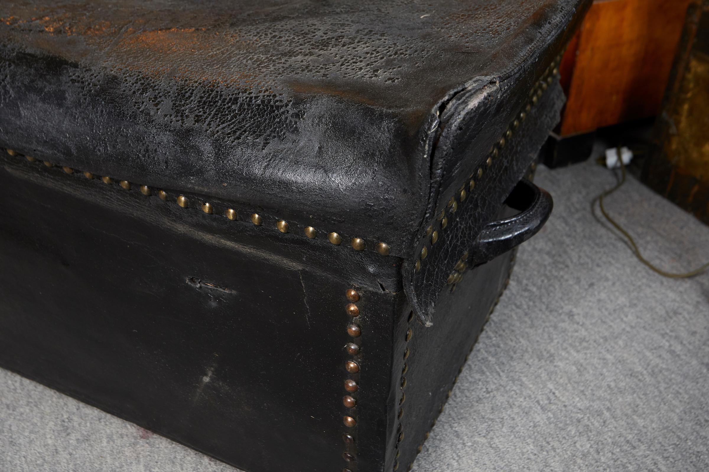 English Studded Black Leather Coach Trunk For Sale 5