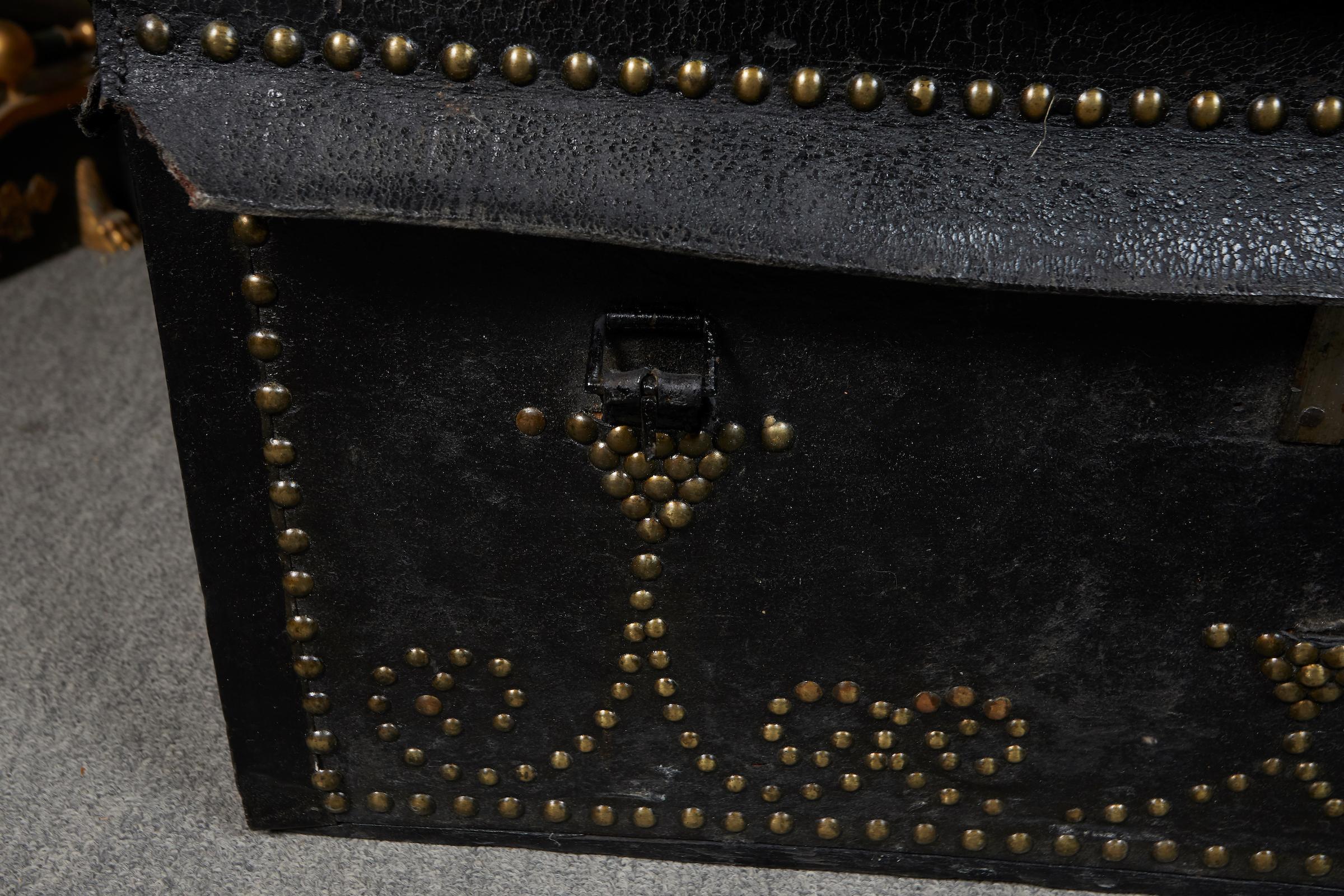 Mid-19th Century English Studded Black Leather Coach Trunk For Sale