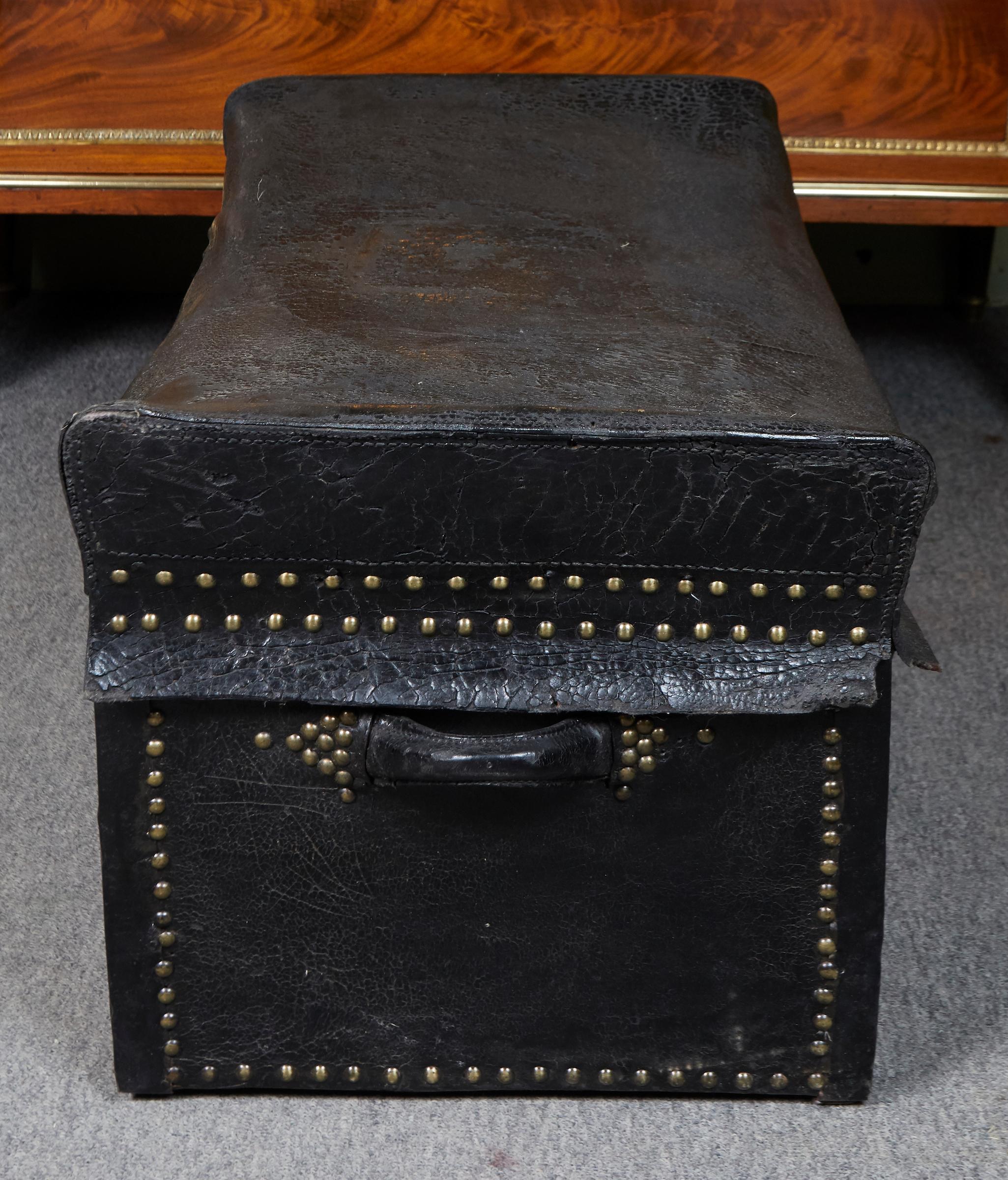 English Studded Black Leather Coach Trunk For Sale 2