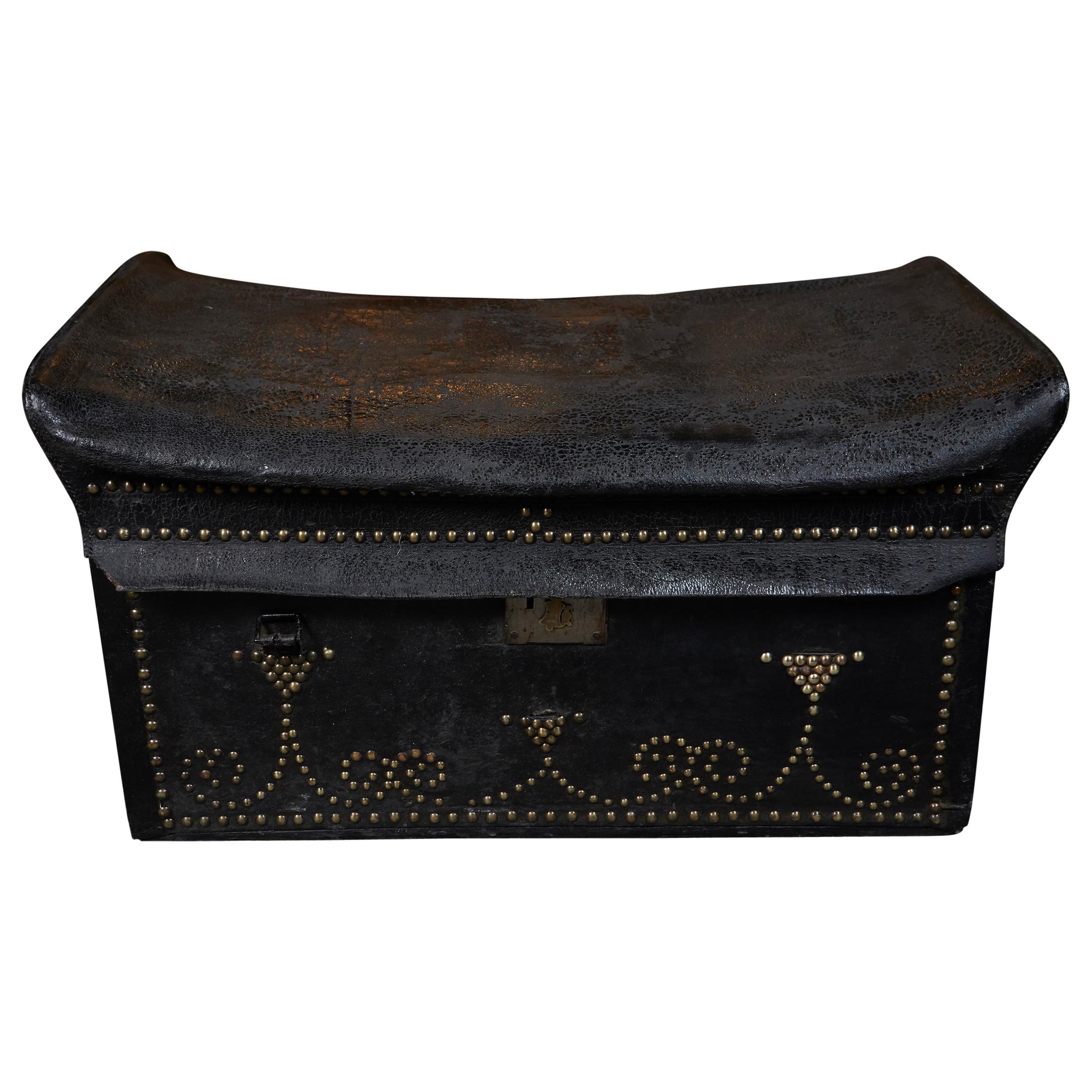 English Studded Black Leather Coach Trunk For Sale