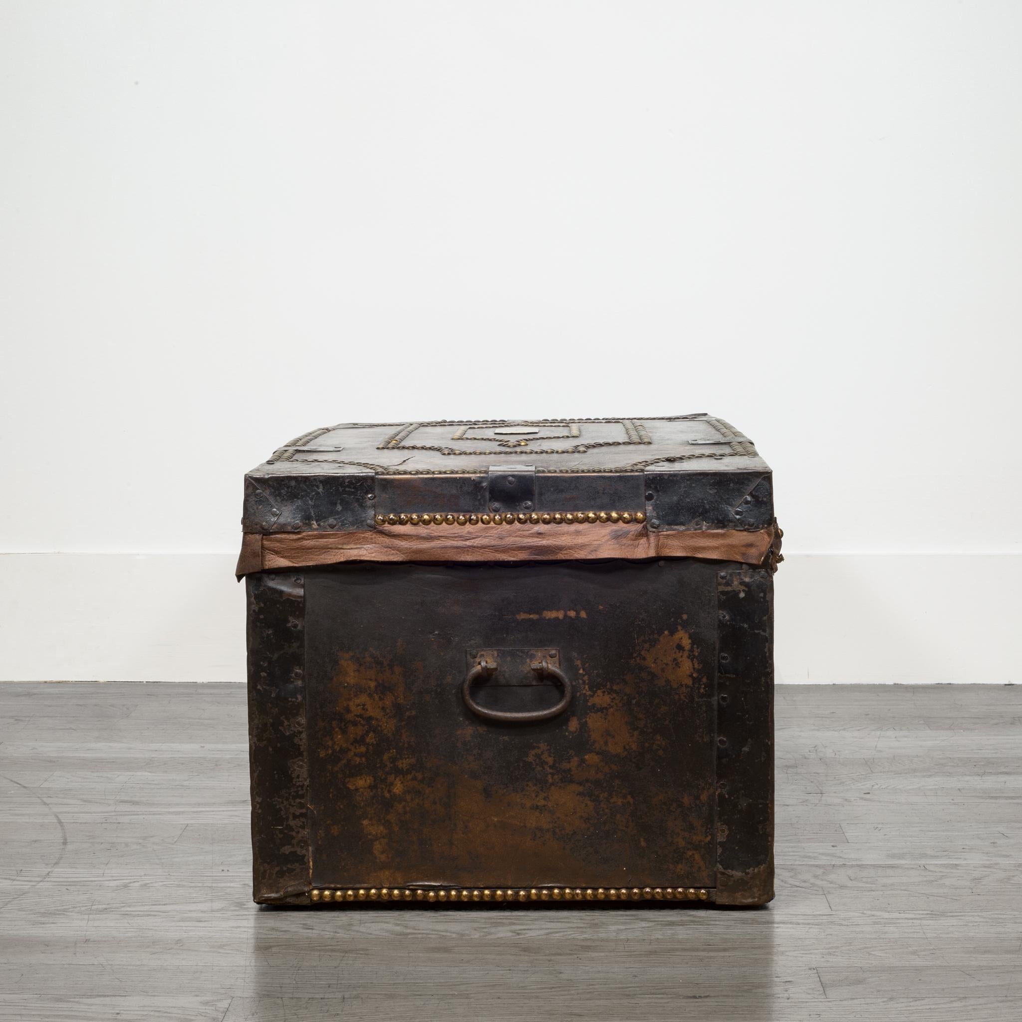 Industrial English Studded Leather and Oak Document Chest, circa 1910-1936