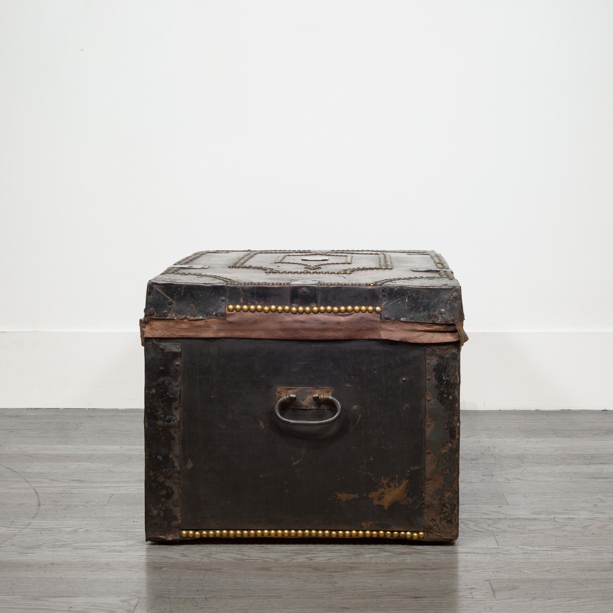 20th Century English Studded Leather and Oak Document Chest, circa 1910-1936