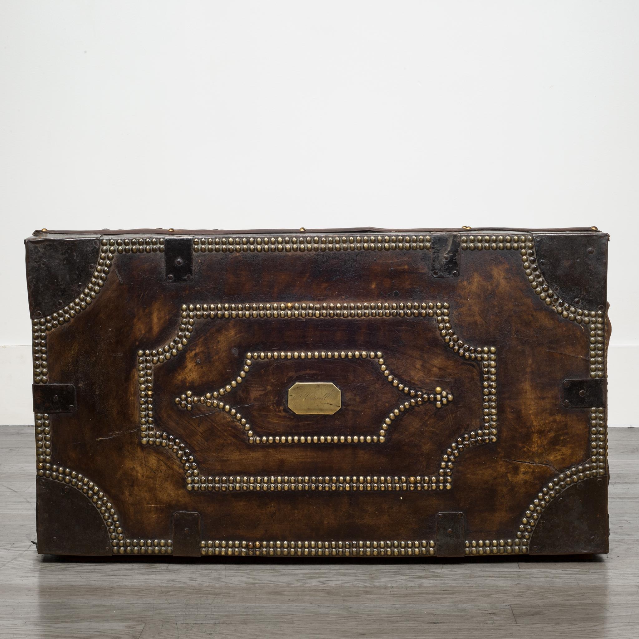 Brass English Studded Leather and Oak Document Chest, circa 1910-1936