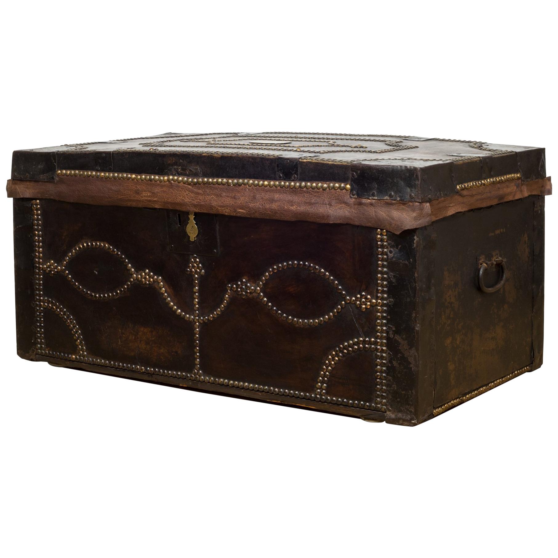 English Studded Leather and Oak Document Chest, circa 1910-1936