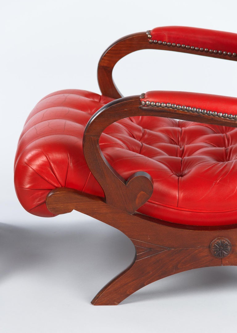 Chesterfield Armchair and Ottoman Set in Tufted Red Leather, 1950s at