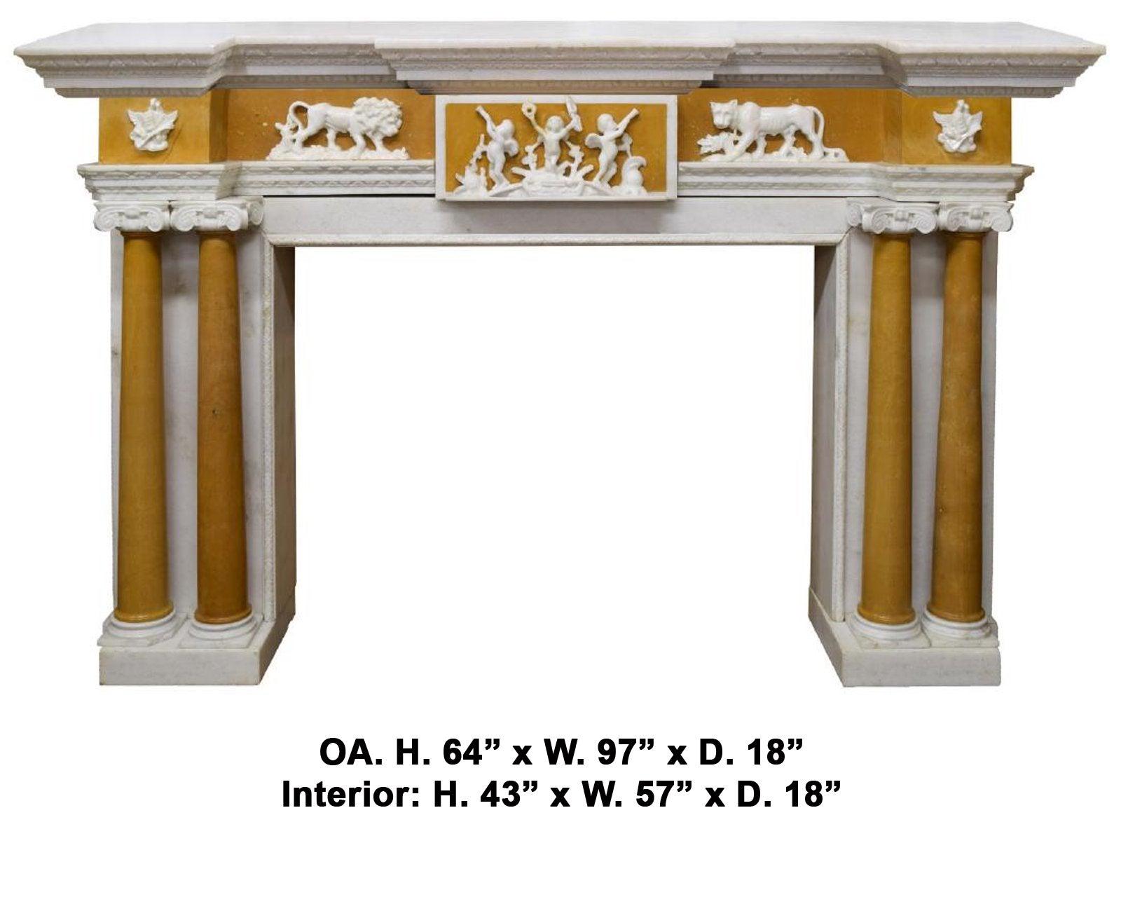 Outstanding monumental English George III style carved sienna and white marble fireplace mantel, second half of the 20th century.

The long breakfront moulded white marble top is over a magnificent conforming Sienna marble frieze, centered by a