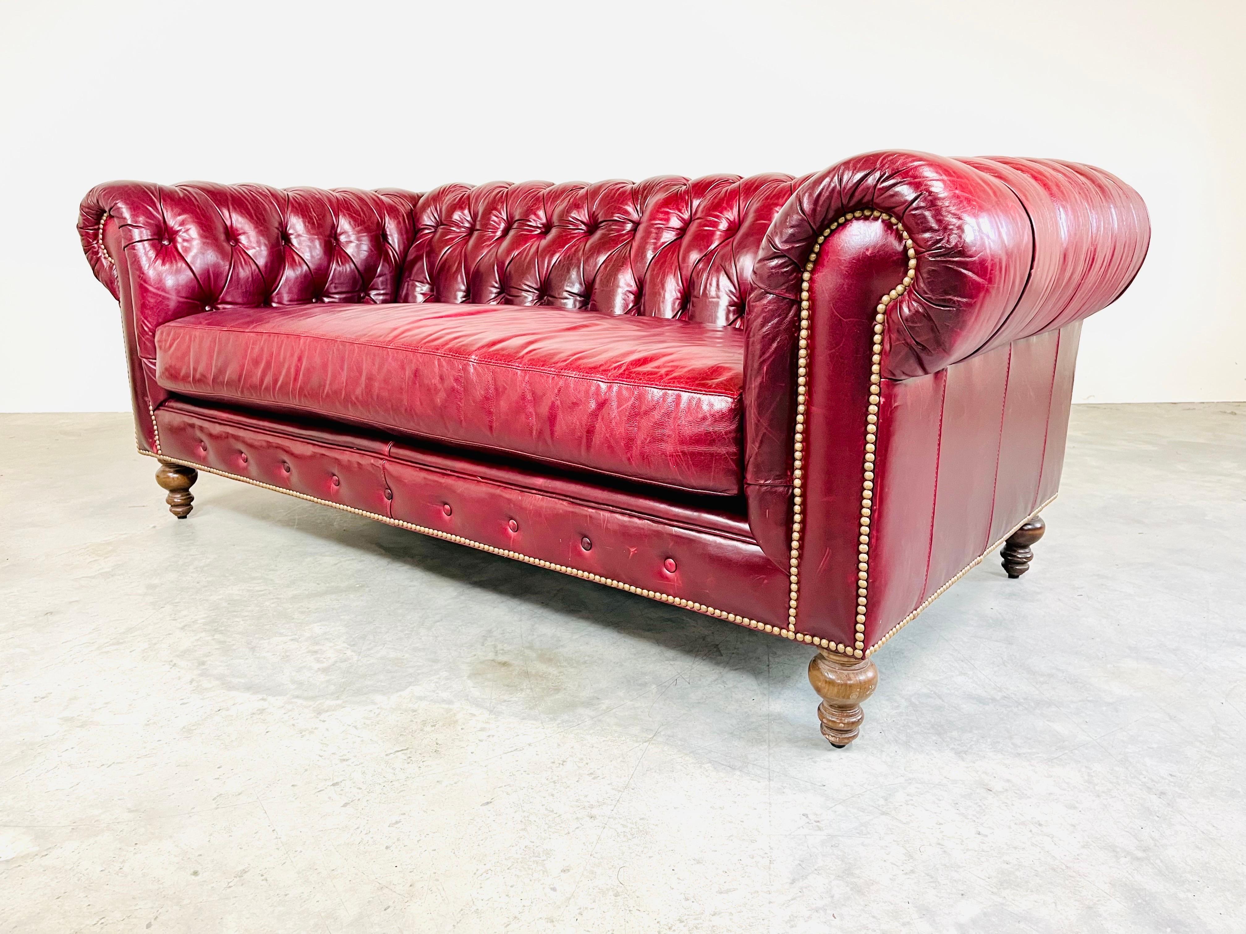 American English Style Chesterfield Cordovan Oxblood Tufted Leather Sofa