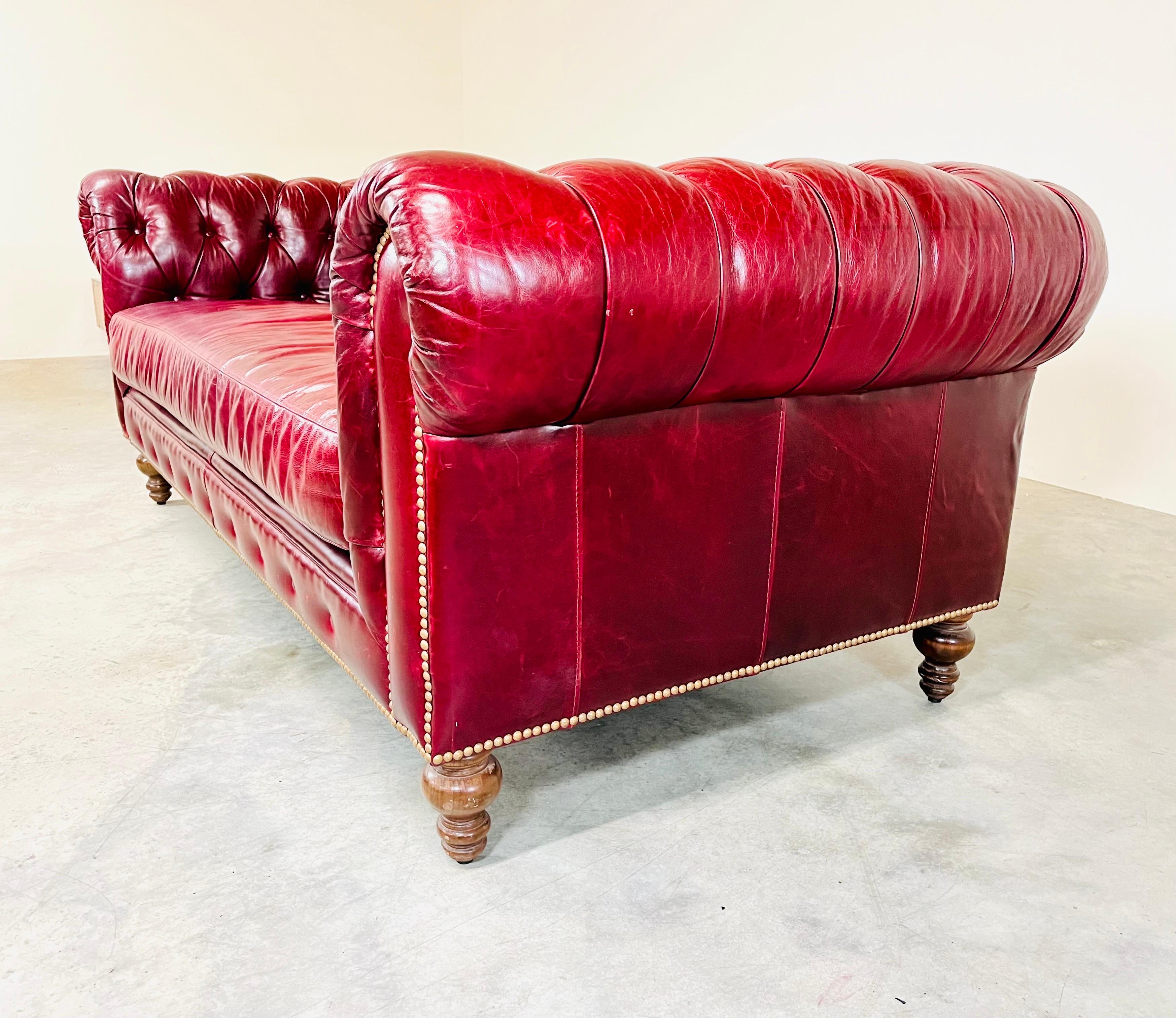 Turned English Style Chesterfield Cordovan Oxblood Tufted Leather Sofa
