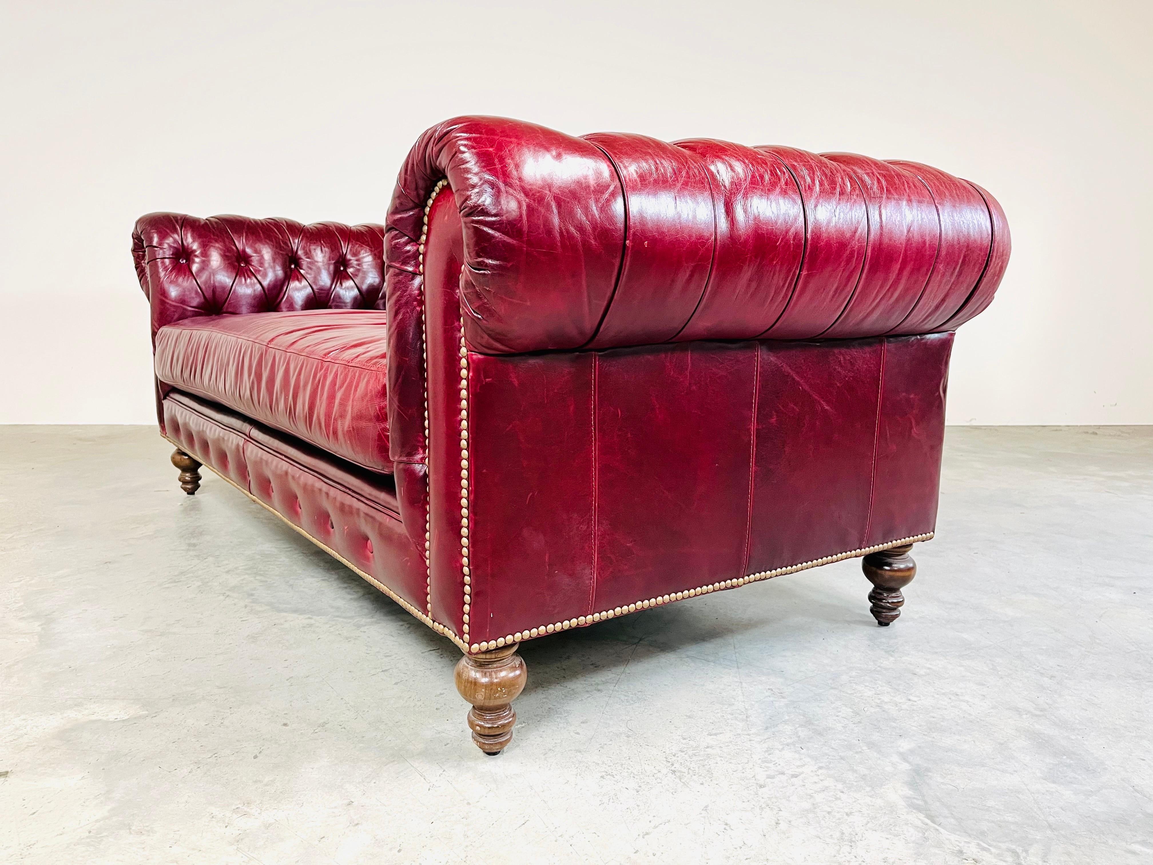 English Style Chesterfield Cordovan Oxblood Tufted Leather Sofa In Excellent Condition In Southampton, NJ