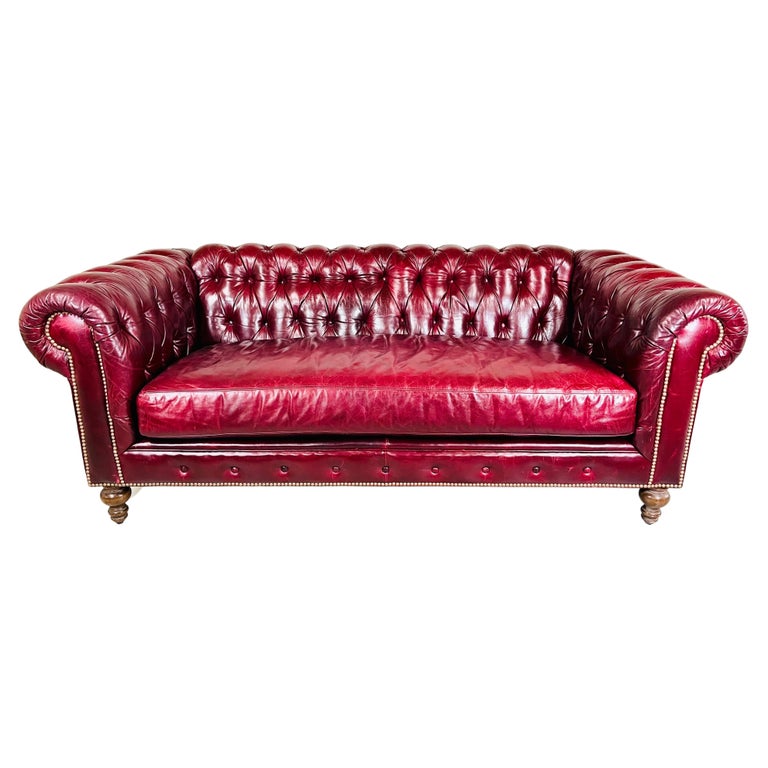 English Style Chesterfield Cordovan Oxblood Tufted Leather Sofa For