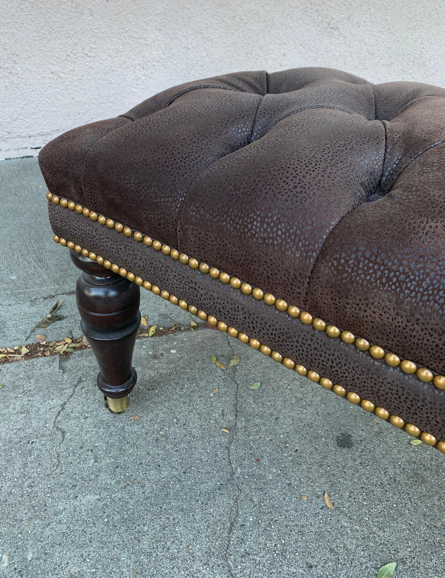 American English Style Deep Tufted Bench Upholstered in Brown Leather