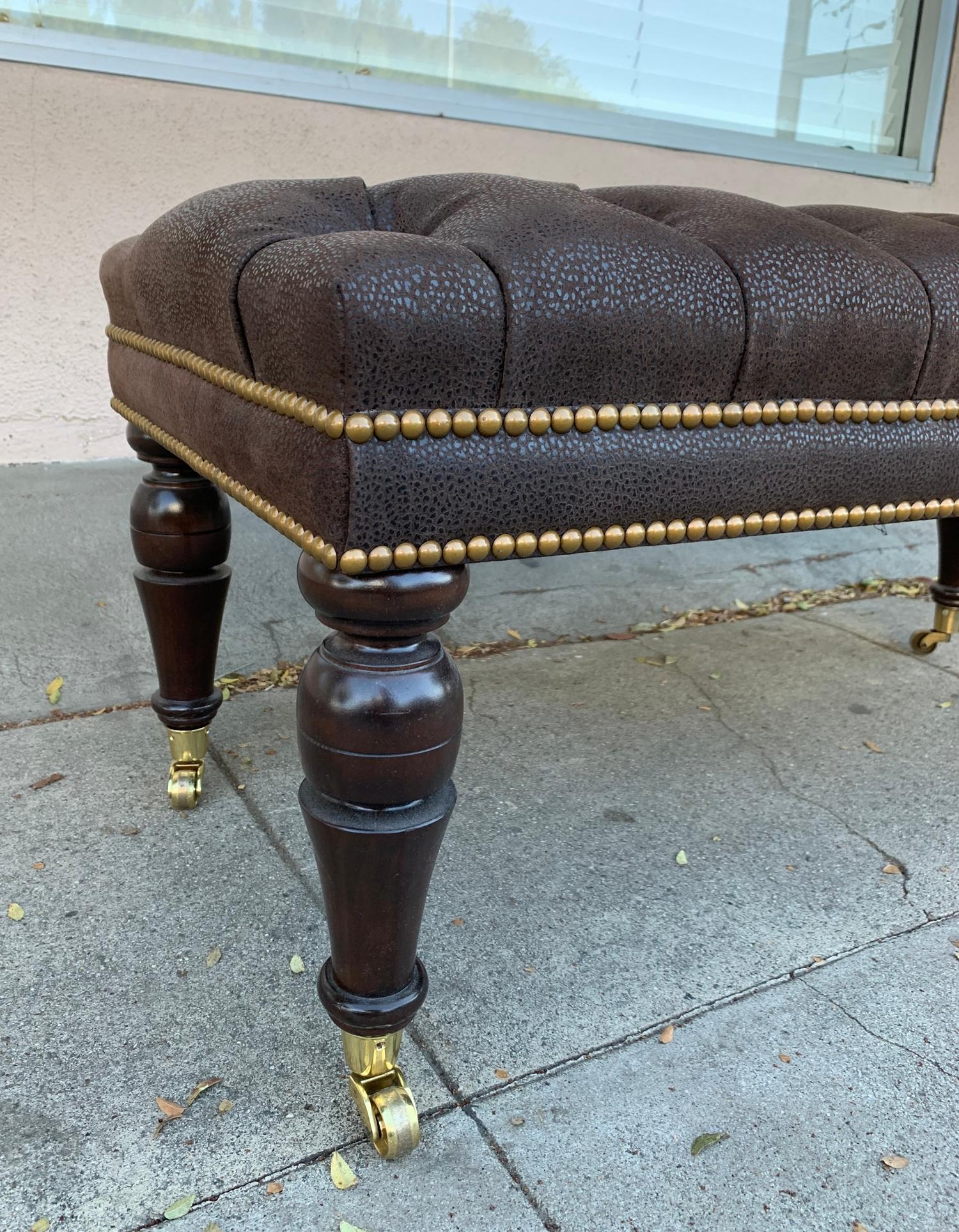 Late 20th Century English Style Deep Tufted Bench Upholstered in Brown Leather