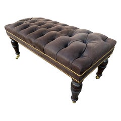 English Style Deep Tufted Bench Upholstered in Brown Leather