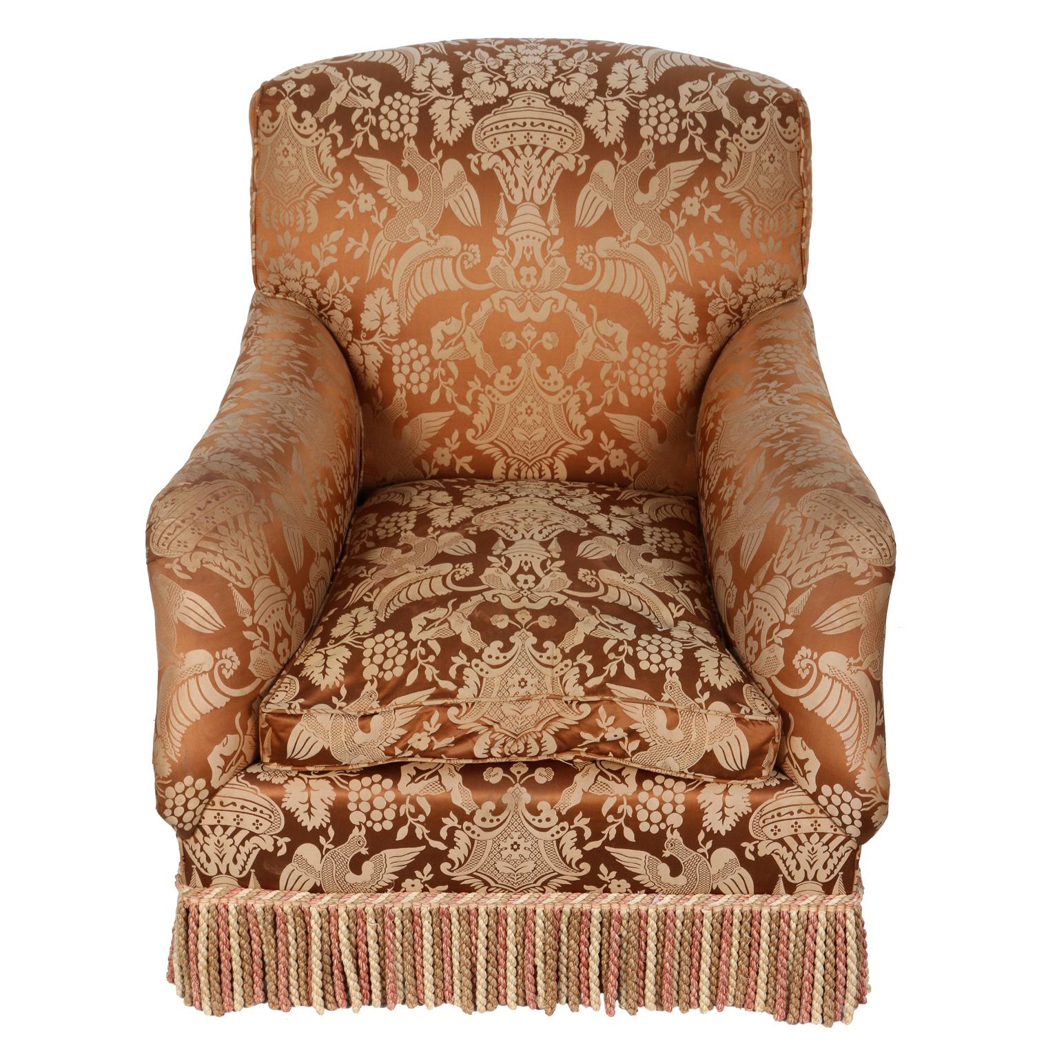 English style Edward Ferrell Bridgewater armchair and tufted round ottoman in chinoiserie brown silk damask with bullion fringe trim. Ottoman measures 31