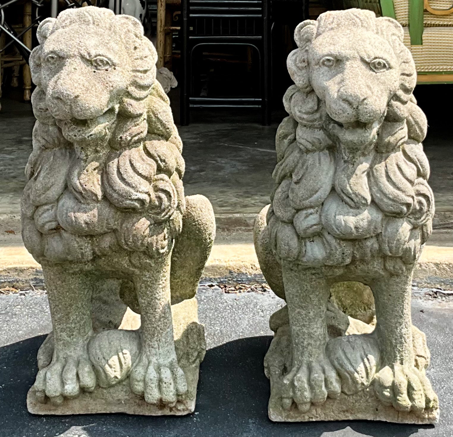 Edwardian English Style Garden Seated Lion Concrete / Stone Statues - Pair 