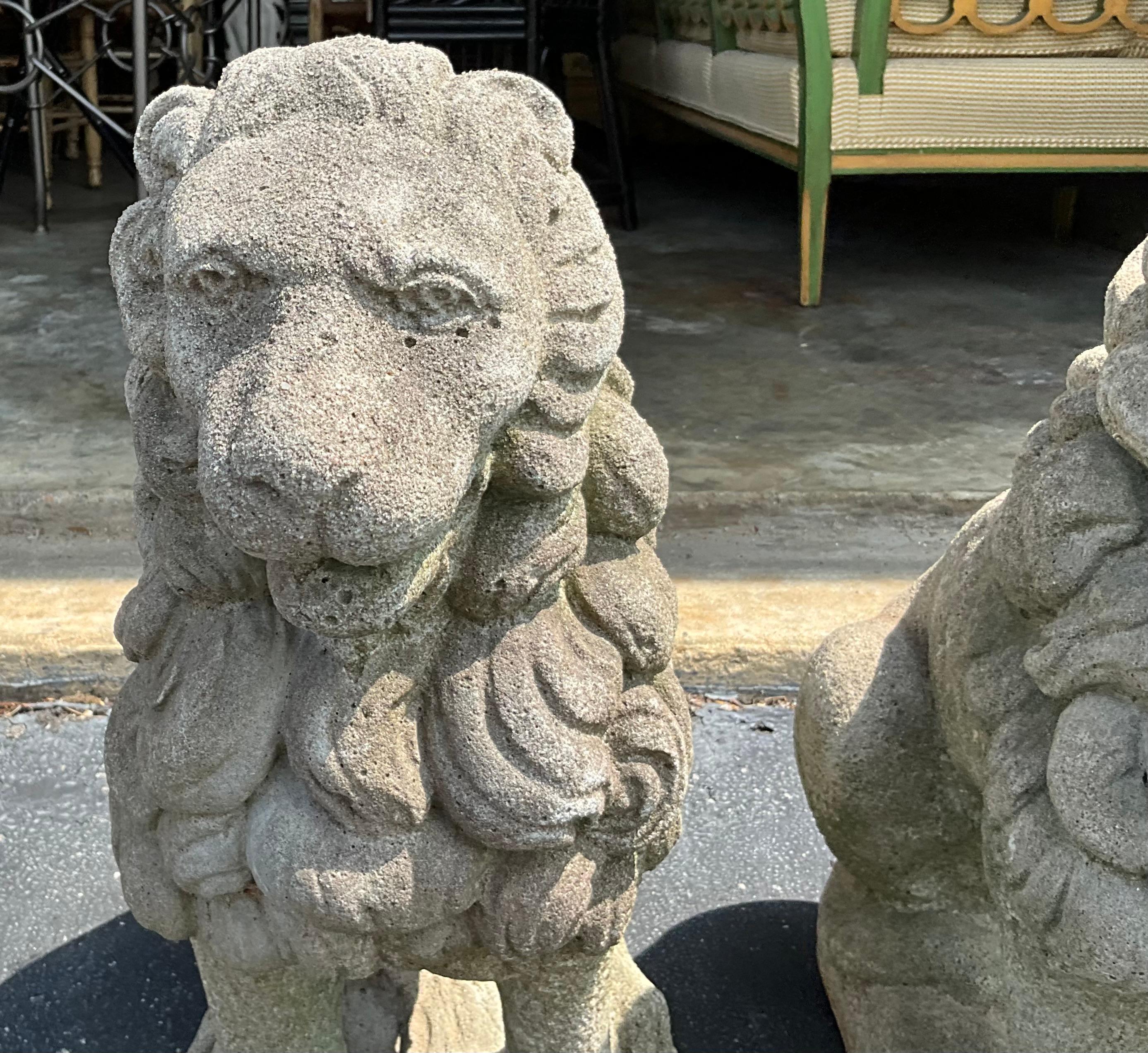 English Style Garden Seated Lion Concrete / Stone Statues - Pair  In Good Condition In Kennesaw, GA