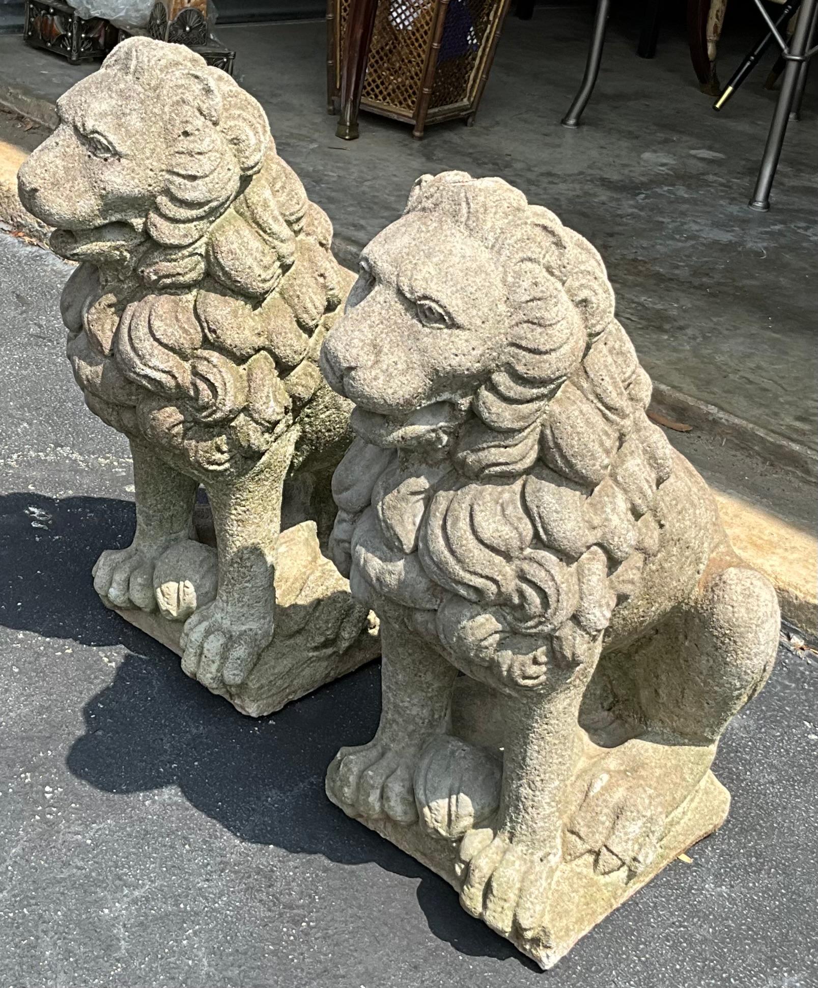 English Style Garden Seated Lion Concrete / Stone Statues - Pair  1