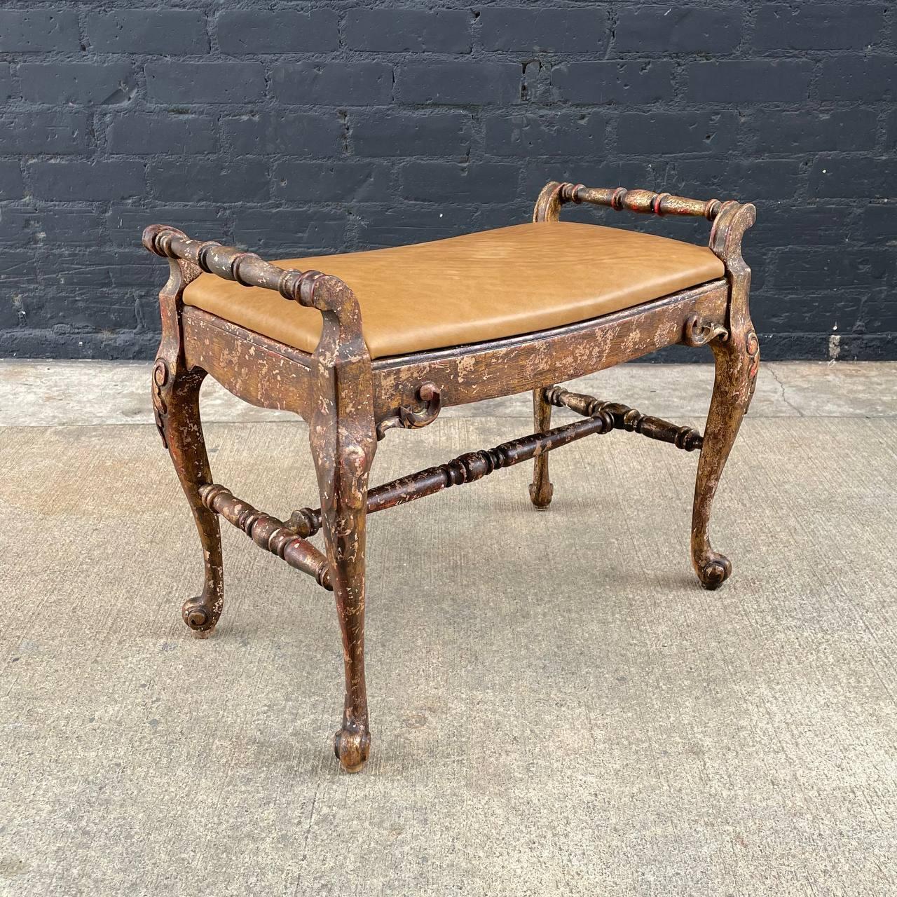 English Style giltwood & Leather Bench with Cabriole Legs

Country: United States
Materials: giltwood Finish, New Leather Upholstery 
Condition: New Leather Upholstery
Style: Antique
Year: 1930s

$1,450

Dimensions 
20.50”H x 25”W x