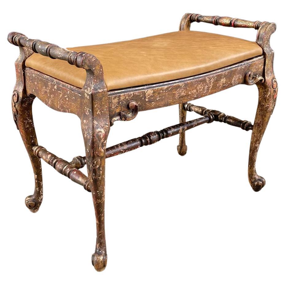 English Style Gilt Wood & Leather Bench with Cabriole Legs For Sale