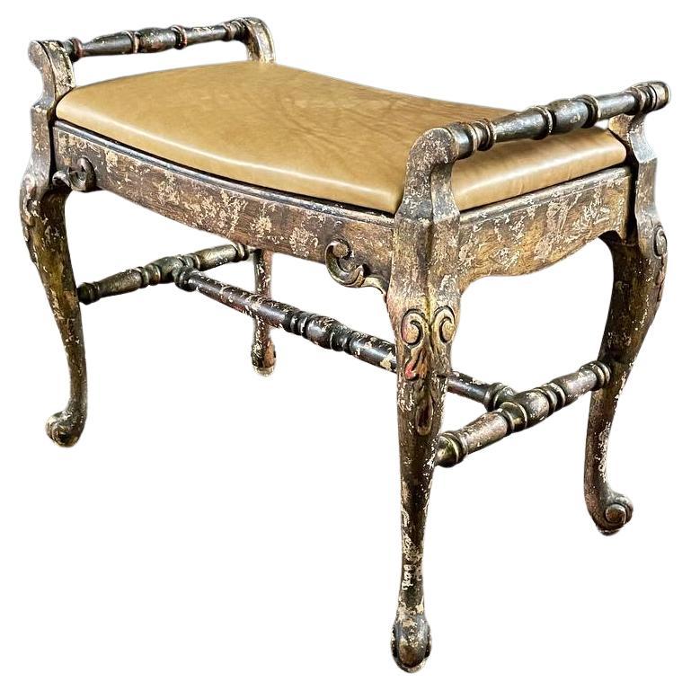 English Style Gilt Wood & Leather Bench with Cabriole Legs
