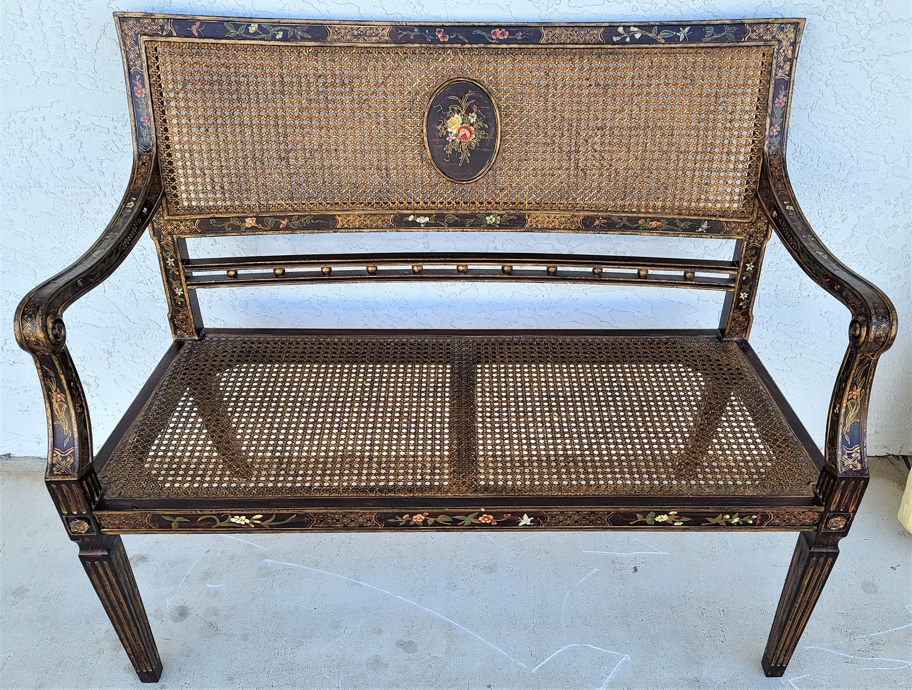 Offering one of our recent palm beach estate fine furniture acquisitions of a
Lovely English hand painted flowers butterflies cane back & seat settee bench 

Approximate Measurements in Inches
37