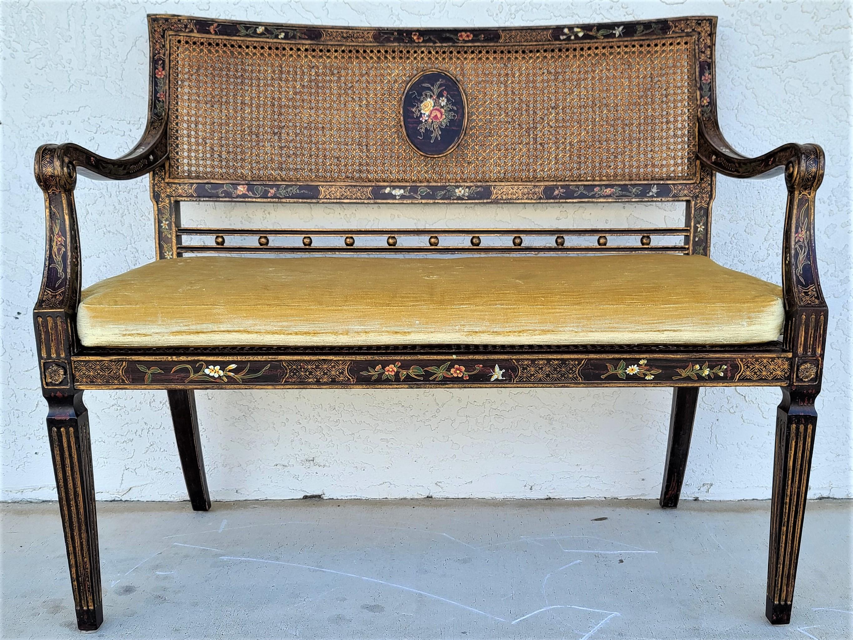 Sheraton English Style Hand Painted Flowers Butterflies Cane Back & Seat Settee Bench
