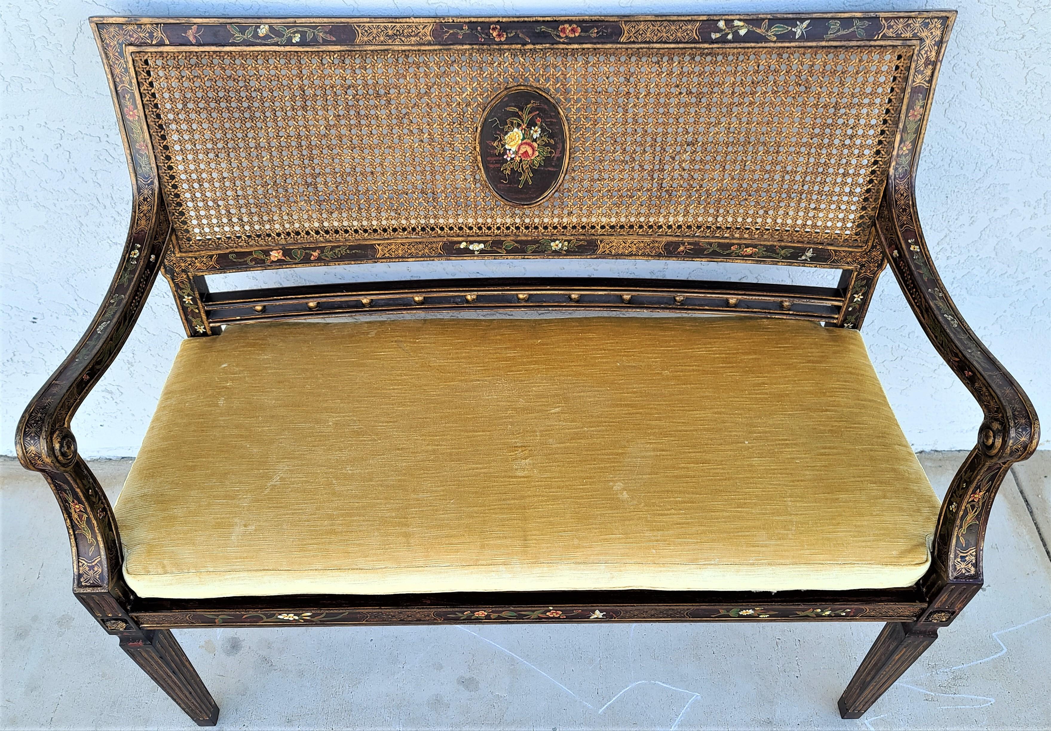 Hand-Painted English Style Hand Painted Flowers Butterflies Cane Back & Seat Settee Bench