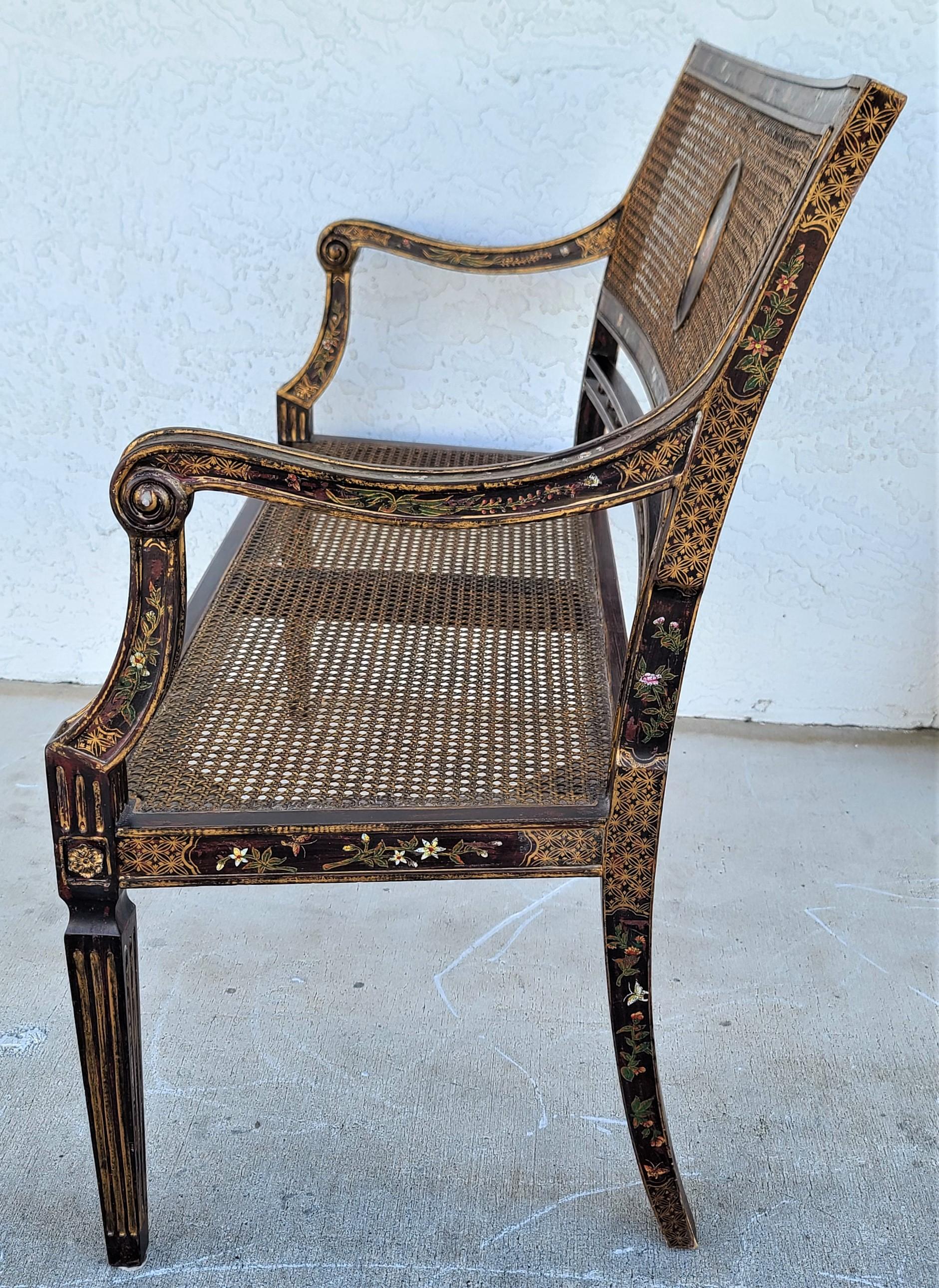 English Style Hand Painted Flowers Butterflies Cane Back & Seat Settee Bench In Good Condition In Lake Worth, FL