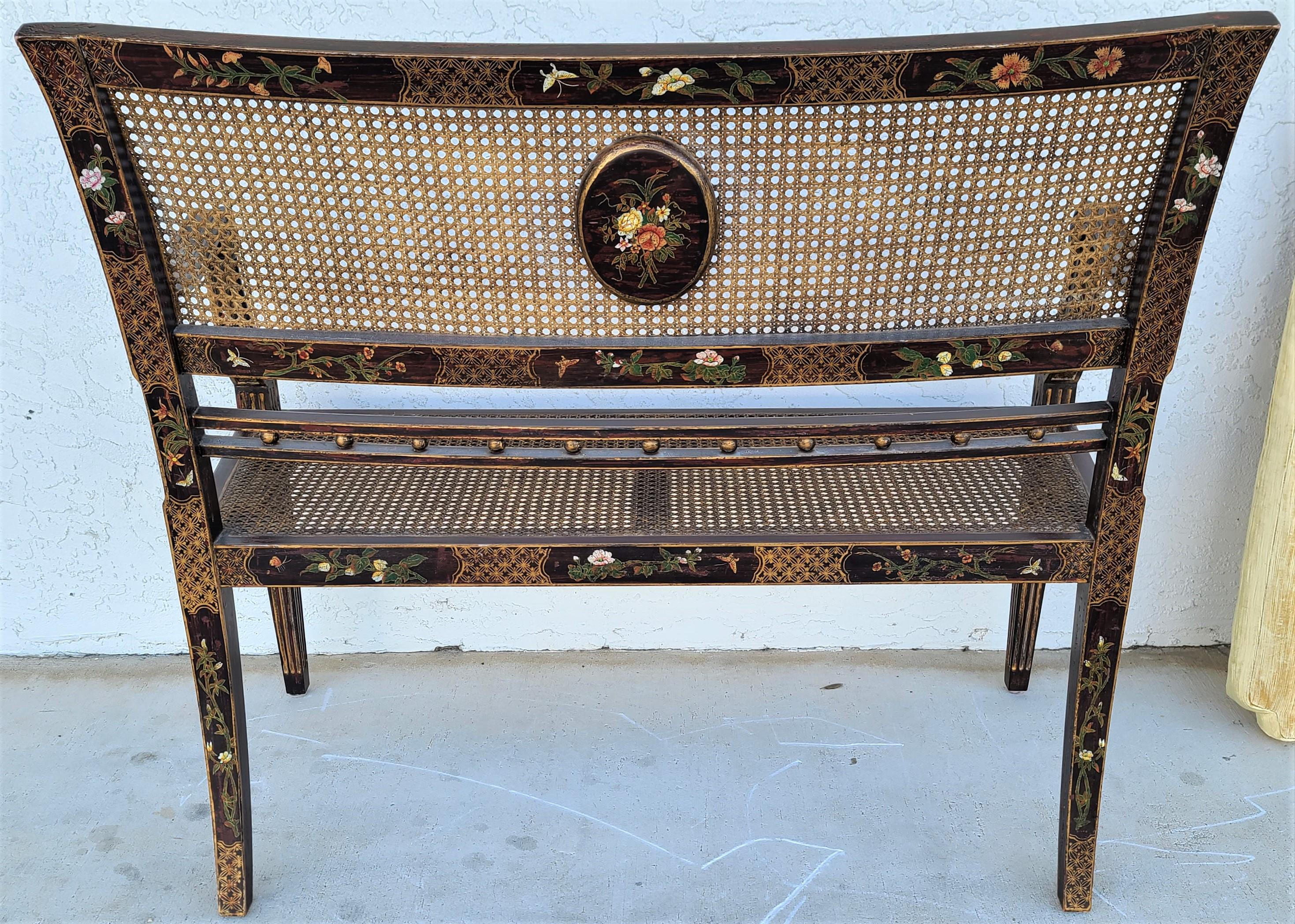 Late 20th Century English Style Hand Painted Flowers Butterflies Cane Back & Seat Settee Bench
