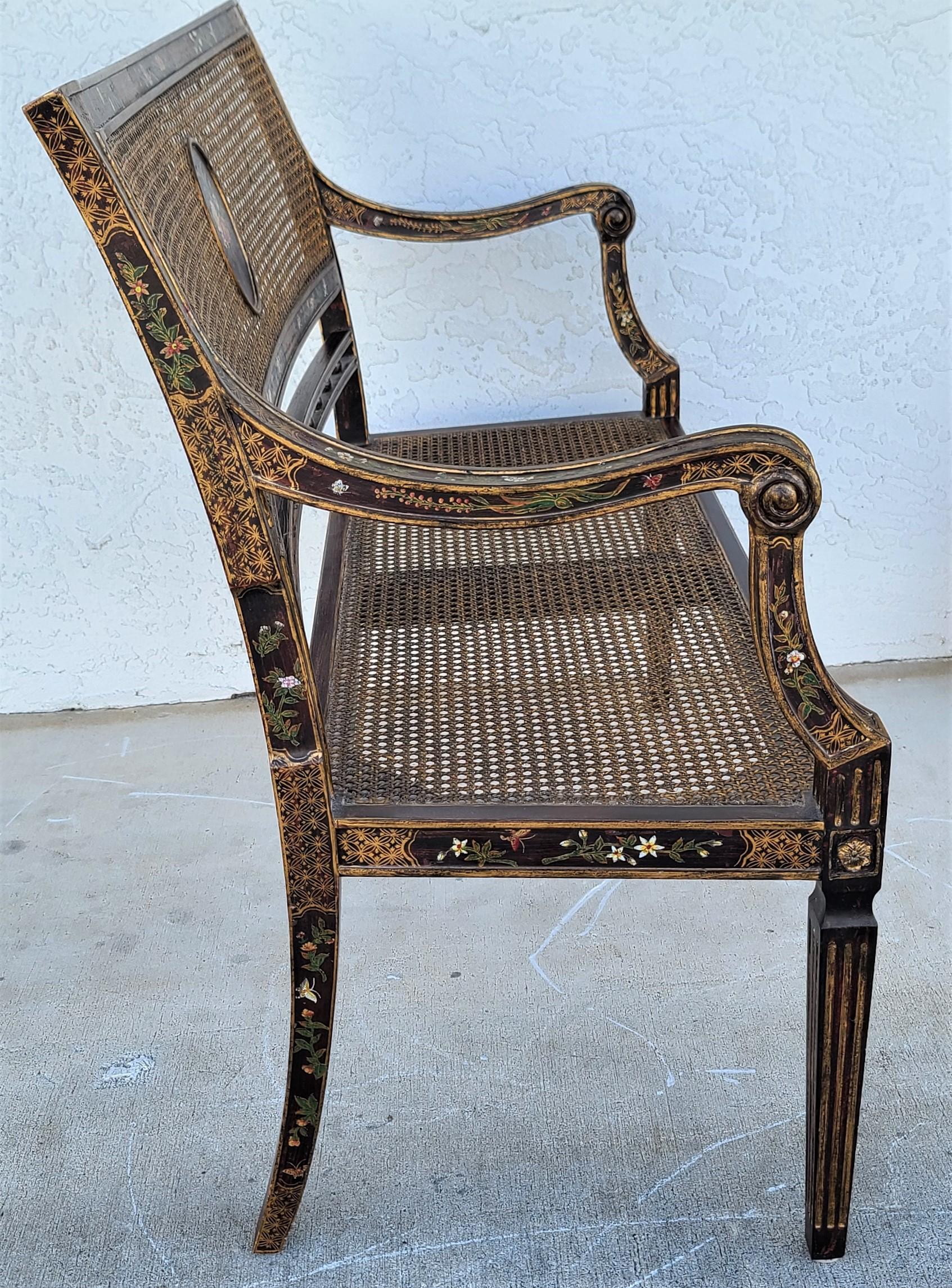 Velvet English Style Hand Painted Flowers Butterflies Cane Back & Seat Settee Bench