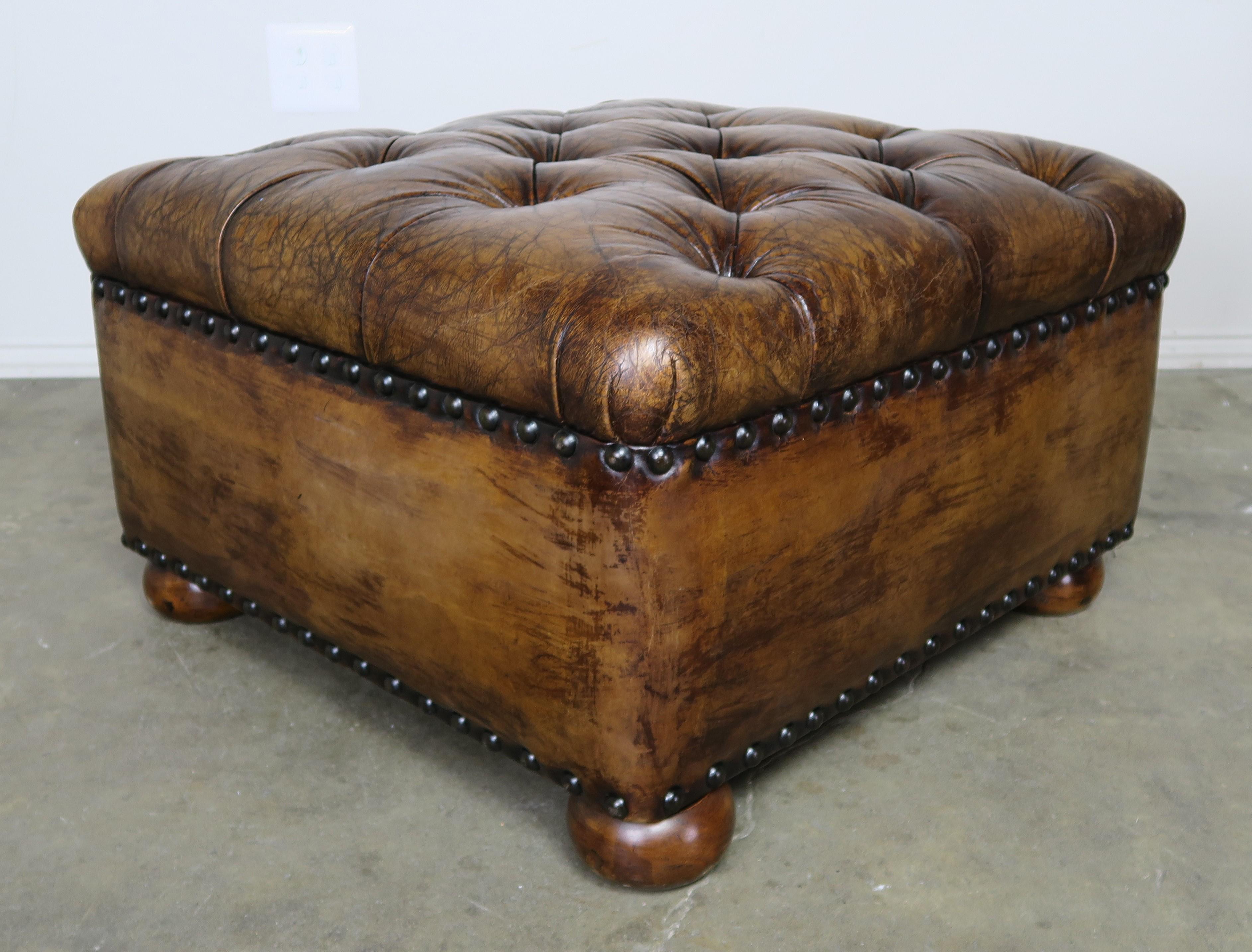 English Style Leather Tufted Bench on Bun Feet 5