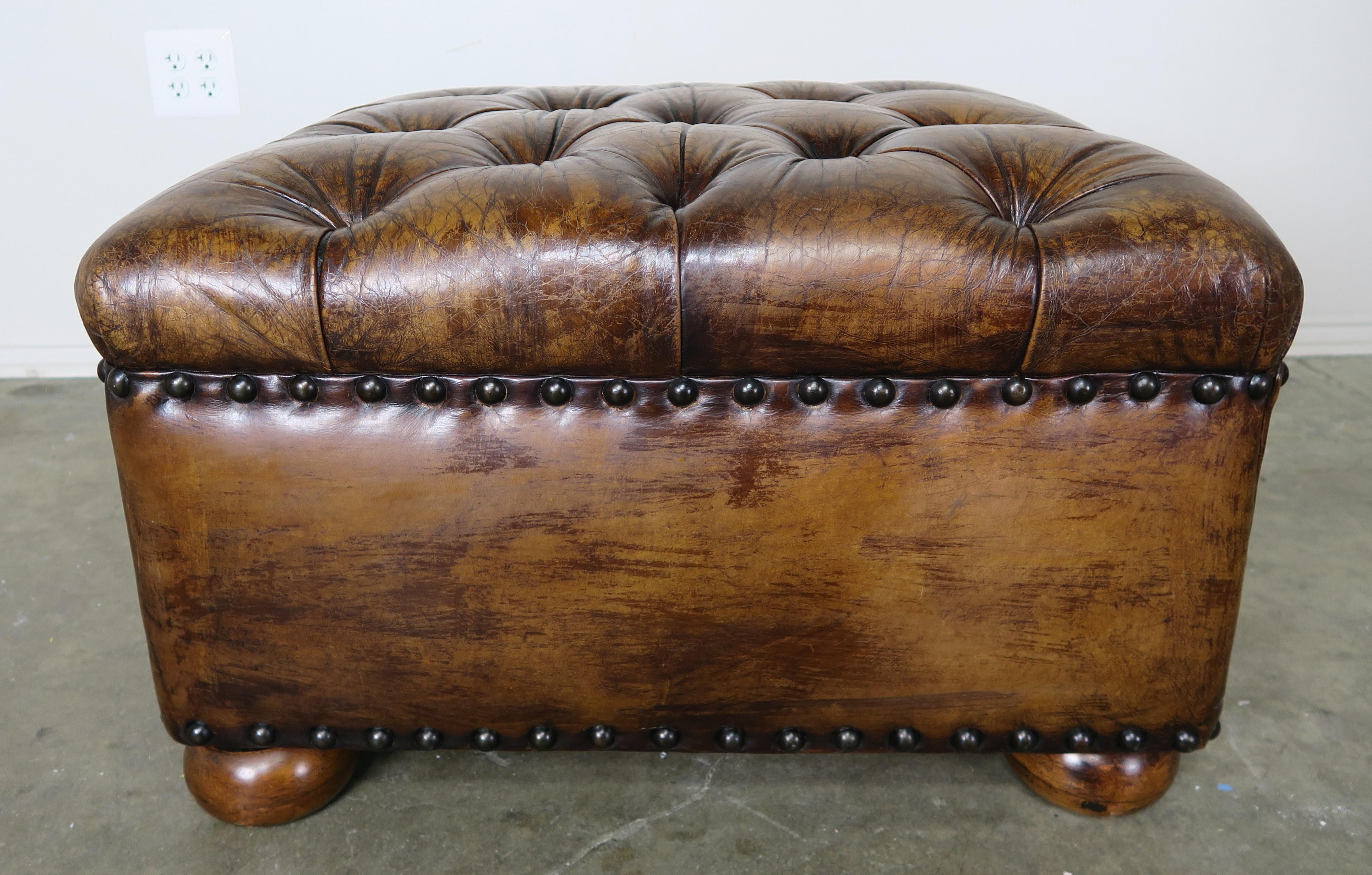 English Style Leather Tufted Bench on Bun Feet 7